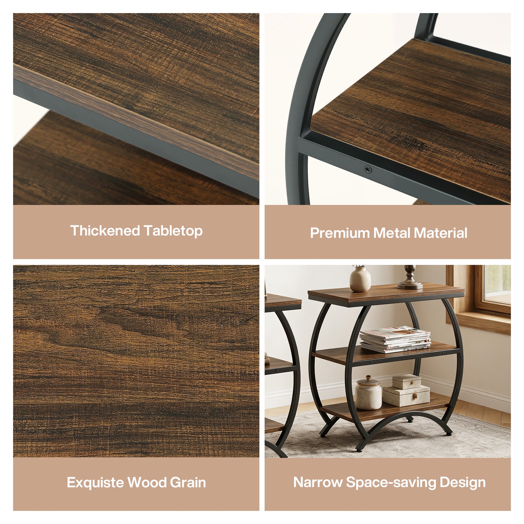 23 Inch Narrow End Table with Storage, 3 Tier Side Table for Living Room Bedroom Small Spaces