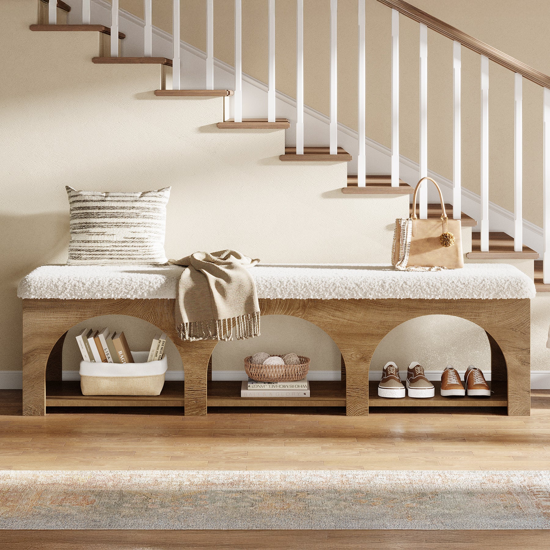 63" Upholstered Entryway Bench, 2-Tier Shoe Bench with Cushion and Shelf