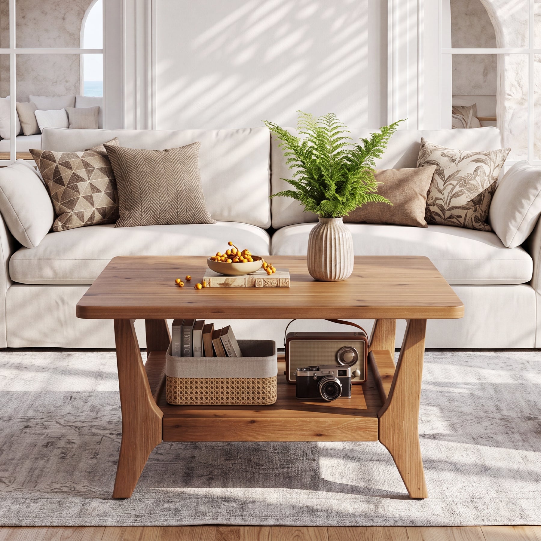 31.5" Square Solid Wood Coffee Table with 2-Tier Storage