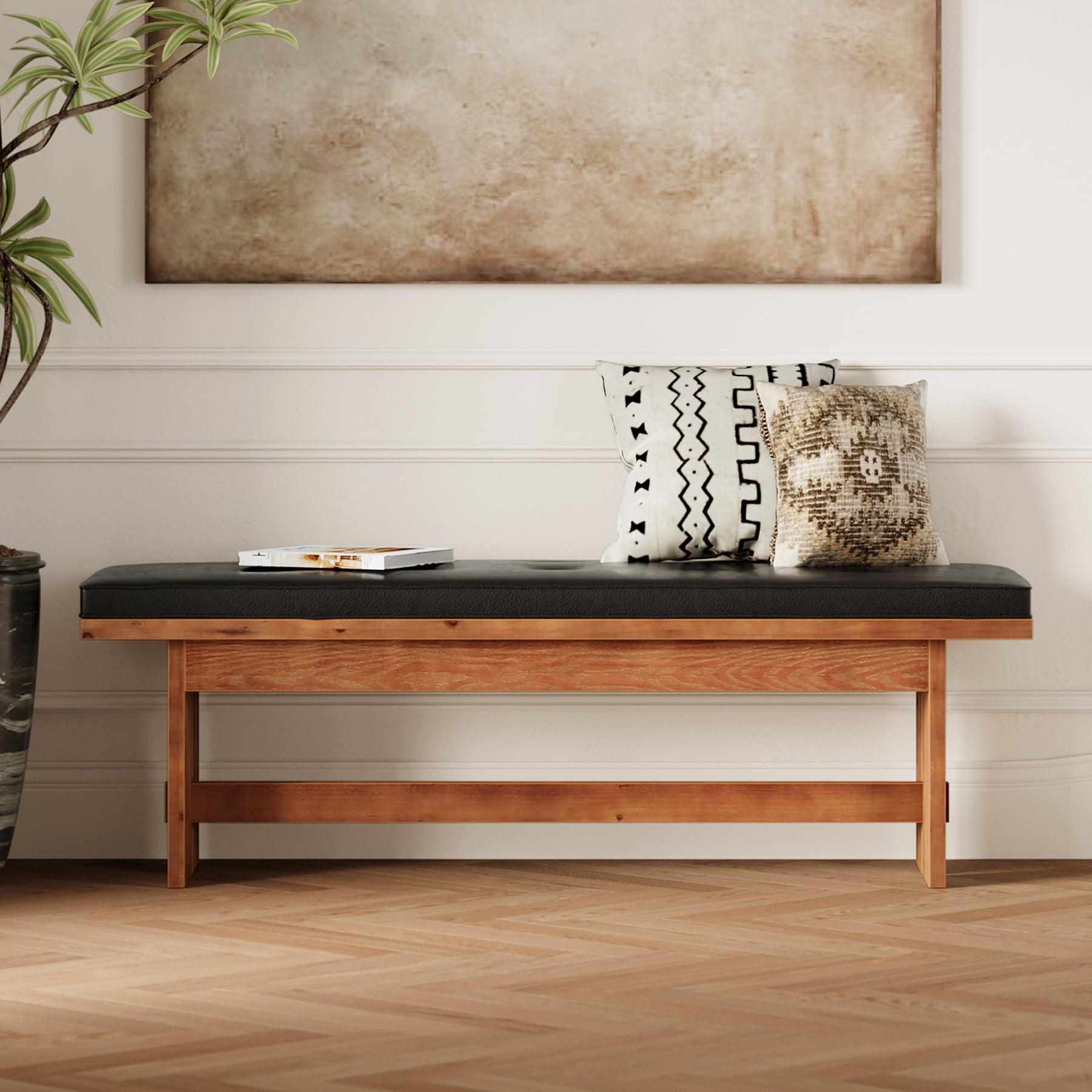 Solid Wood Shoe Bench with Cushion, 55" Upholstered Entryway Bench