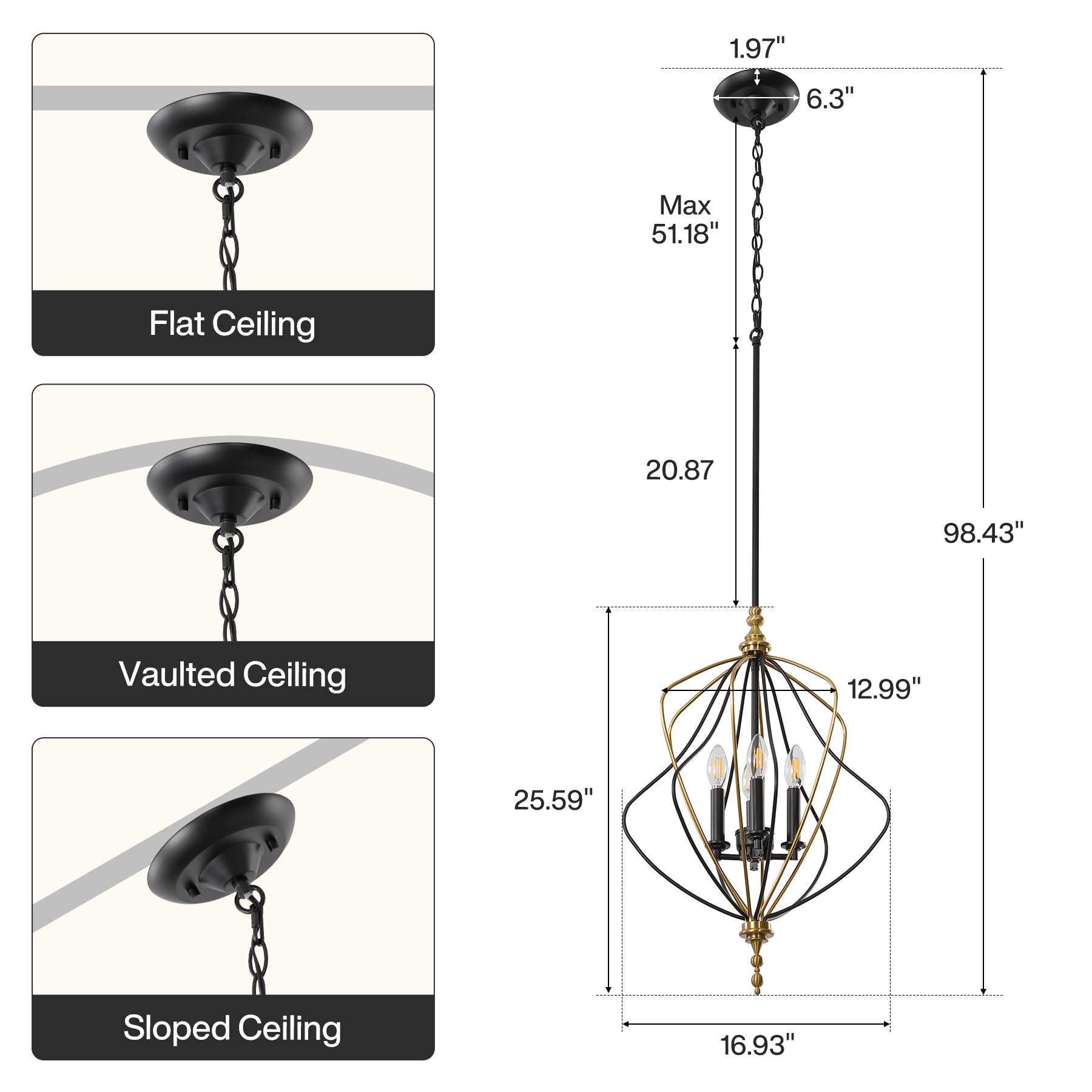 4-Light Chandelier, Modern Metal Cage Pendant Lighting for Living Room (Bulb Not Included)