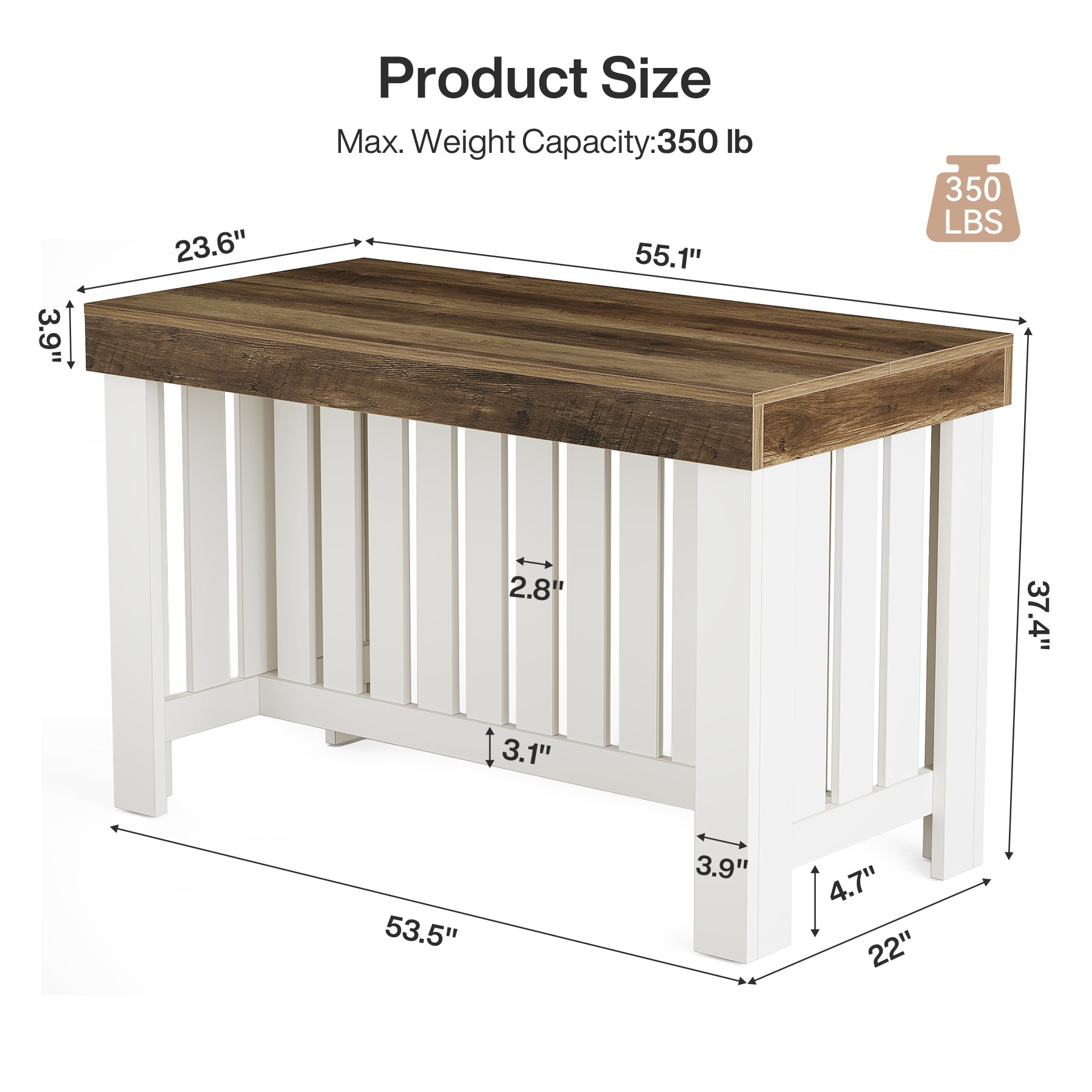 55" Kitchen Island, Farmhouse Stationary Table with Sturdy Base for Kitchen