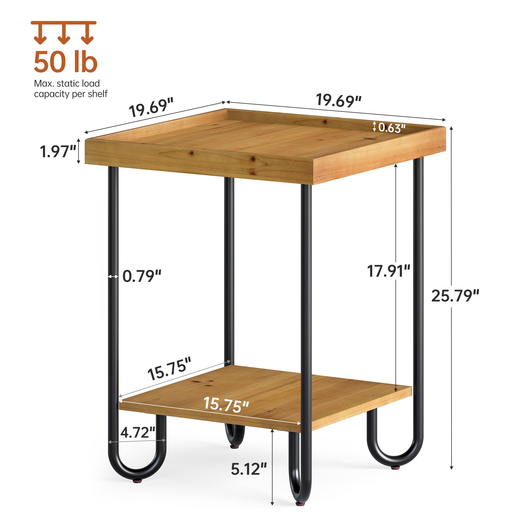 Solid Wood End Table, 2-Tier Side Table Nightstand with Storage Shelf