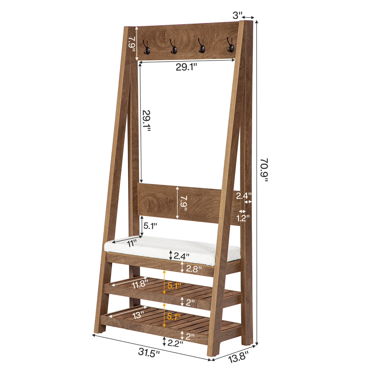 70.9" Hall Tree with Upholstered Bench and Shoe Storage, 4-in-1 Coat Rack for Hallway