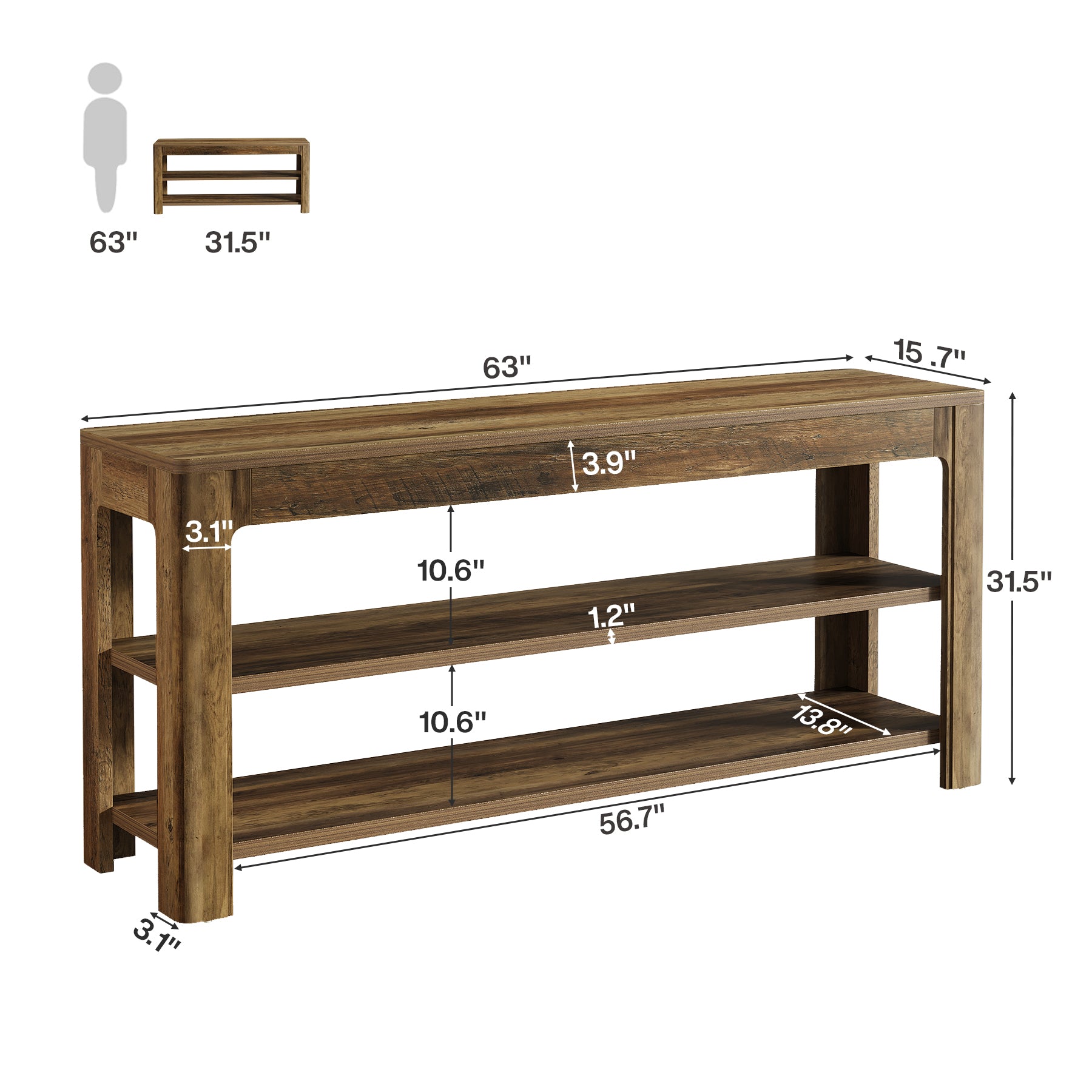 63" Farmhouse Console Table with 3-Tier Shelves, Narrow Wooden Sofa Table with Storage for Entryway, Hallway, or Living Room