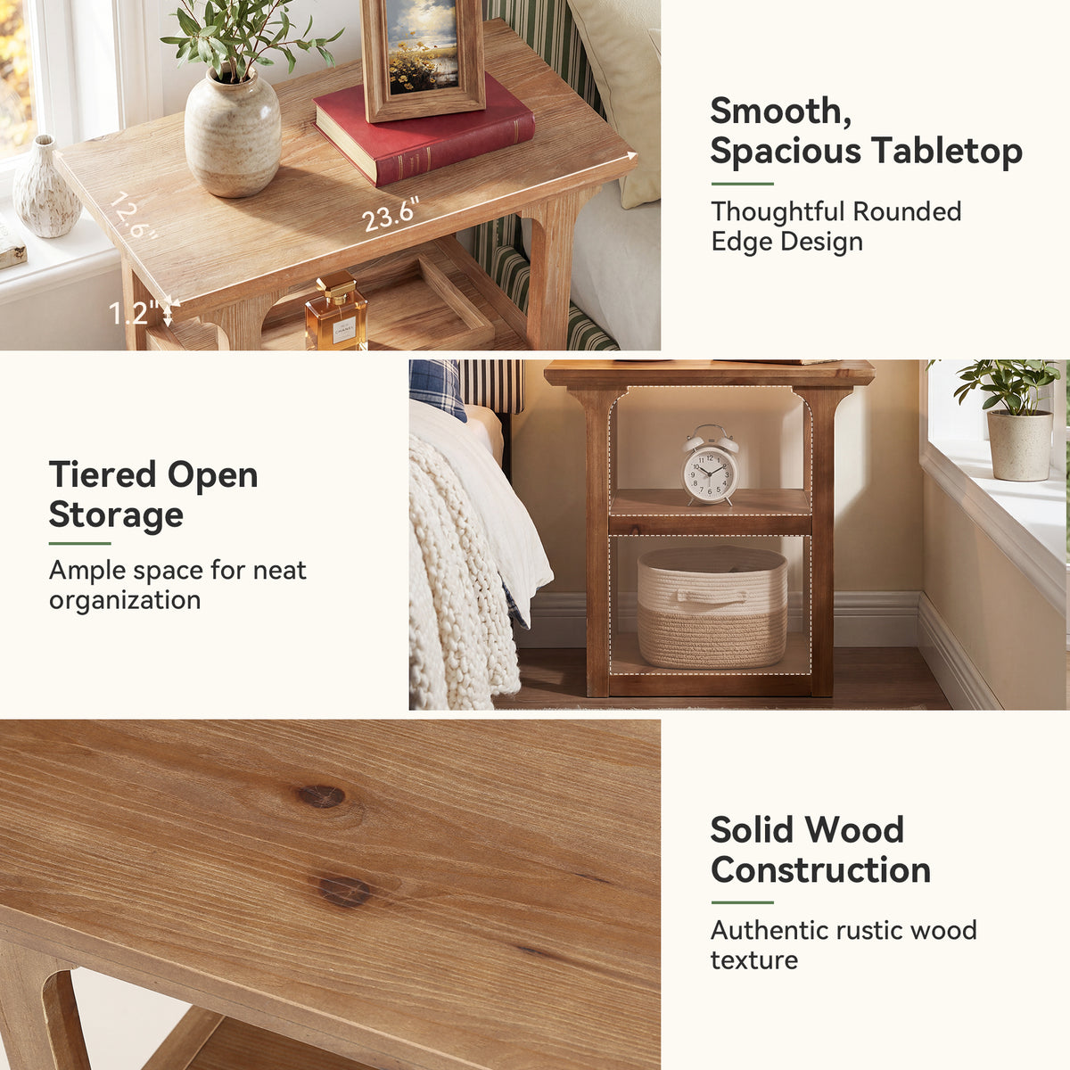 23.6" Solid Wood Nightstand, 3-Tier Bedside Table with Storage Shelves for Bedroom
