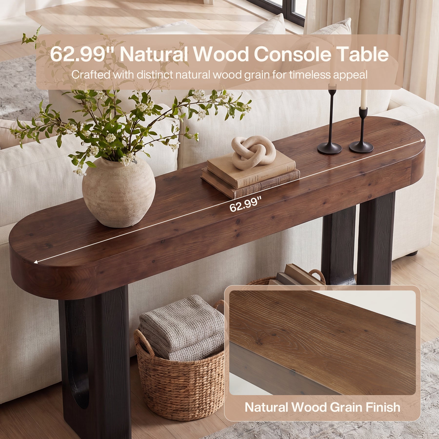63" Solid Wood Console Table, Narrow Sofa Table with Rounded Edges for Entryway