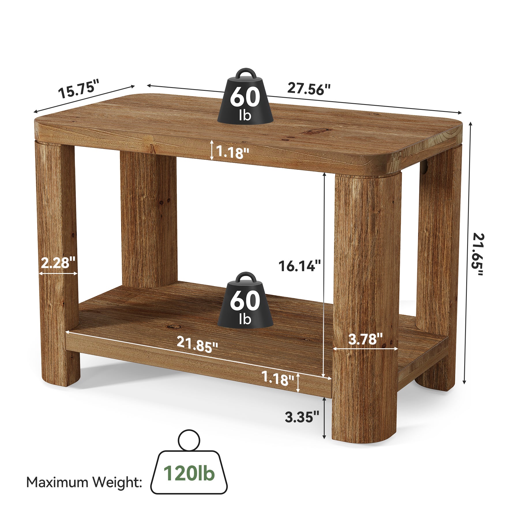 Solid Wood End Table, Rectangle Side Table Nightstand with 2-Tier Shelf