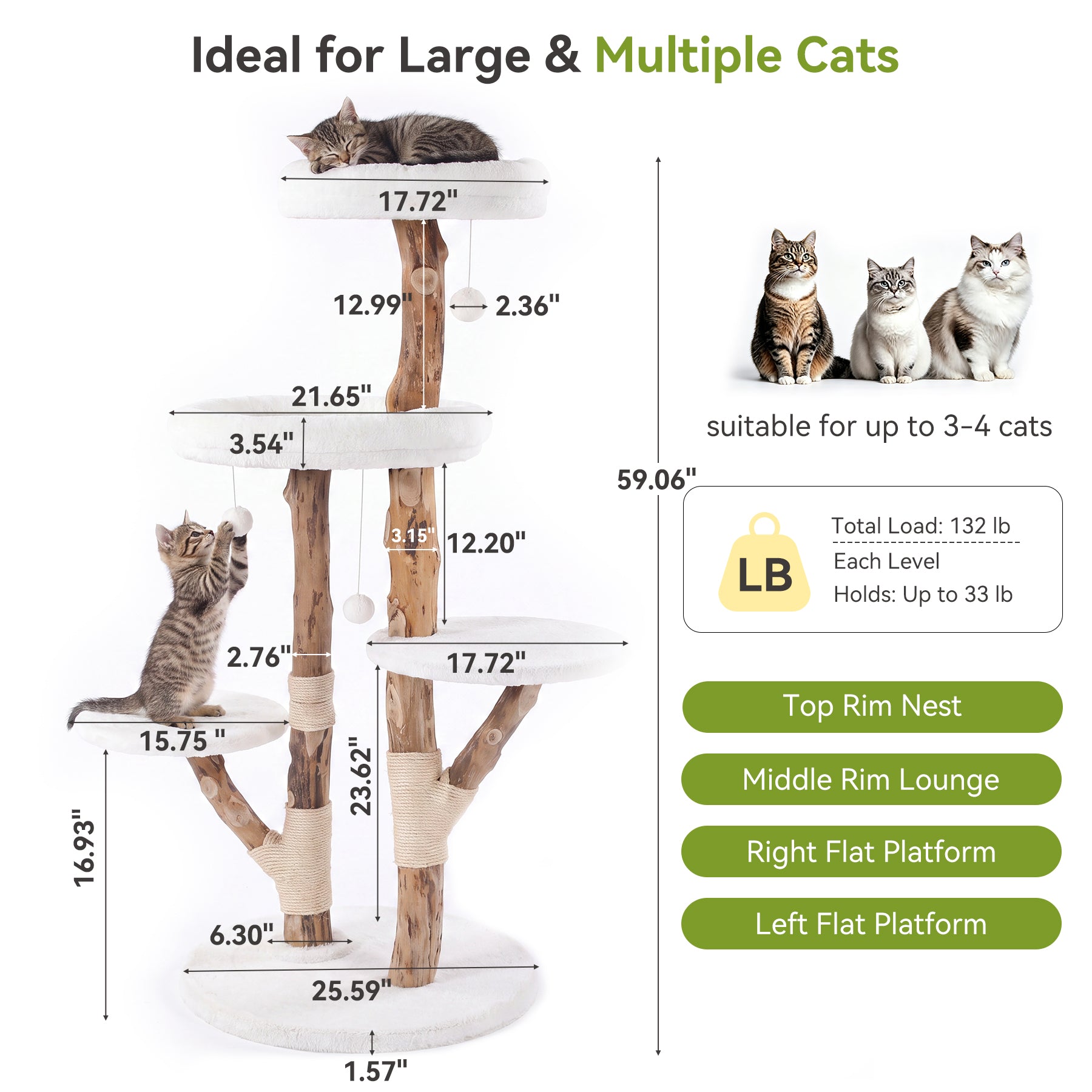 59" Cat Tree, Solid Wood Cat Tower with Scratching Post, Perches & Toy Balls