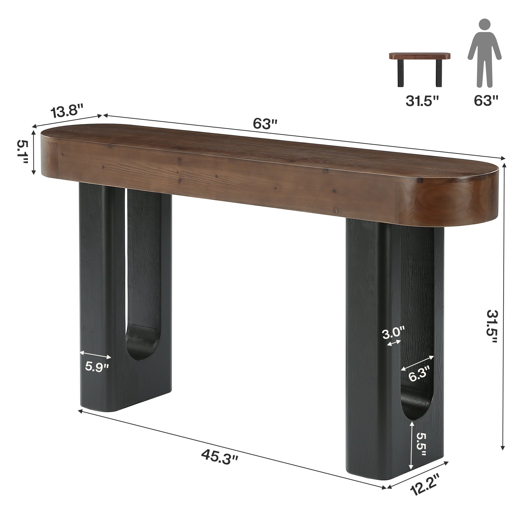 63" Solid Wood Console Table, Narrow Sofa Table with Rounded Edges for Entryway