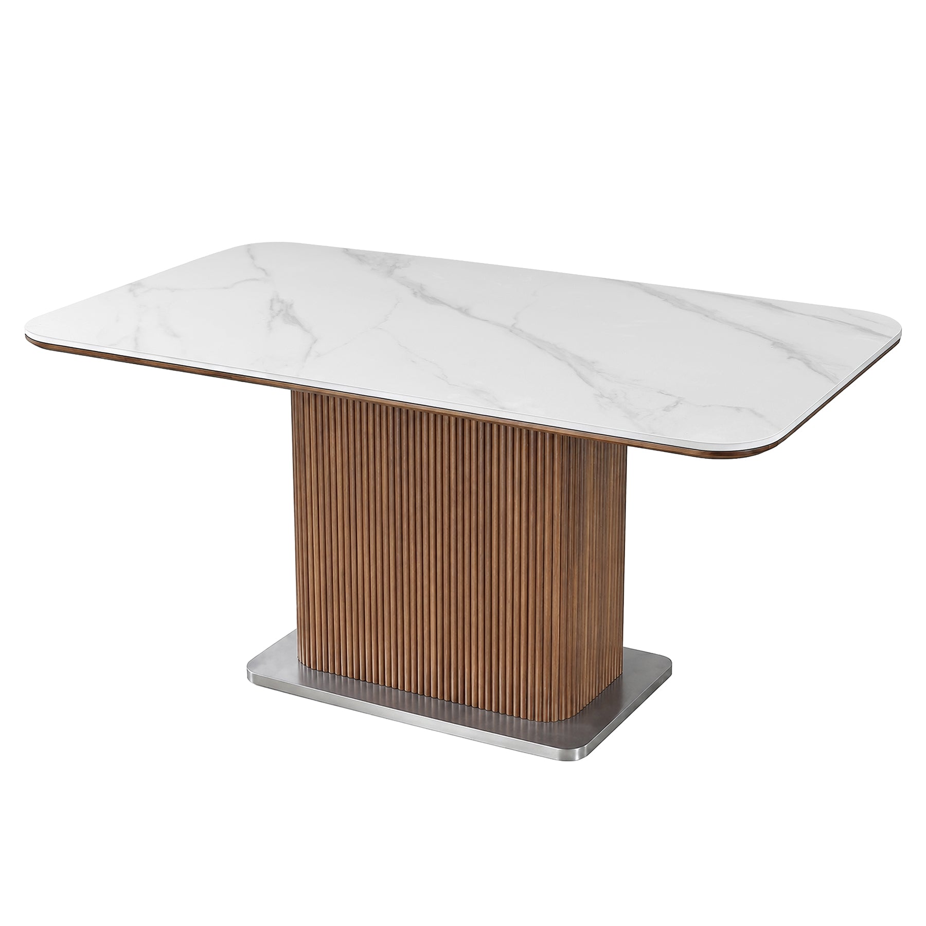 63" Sintered Stone Dining Table, Rectangle Kitchen Table with Solid Wood Fluted Base for 4-6