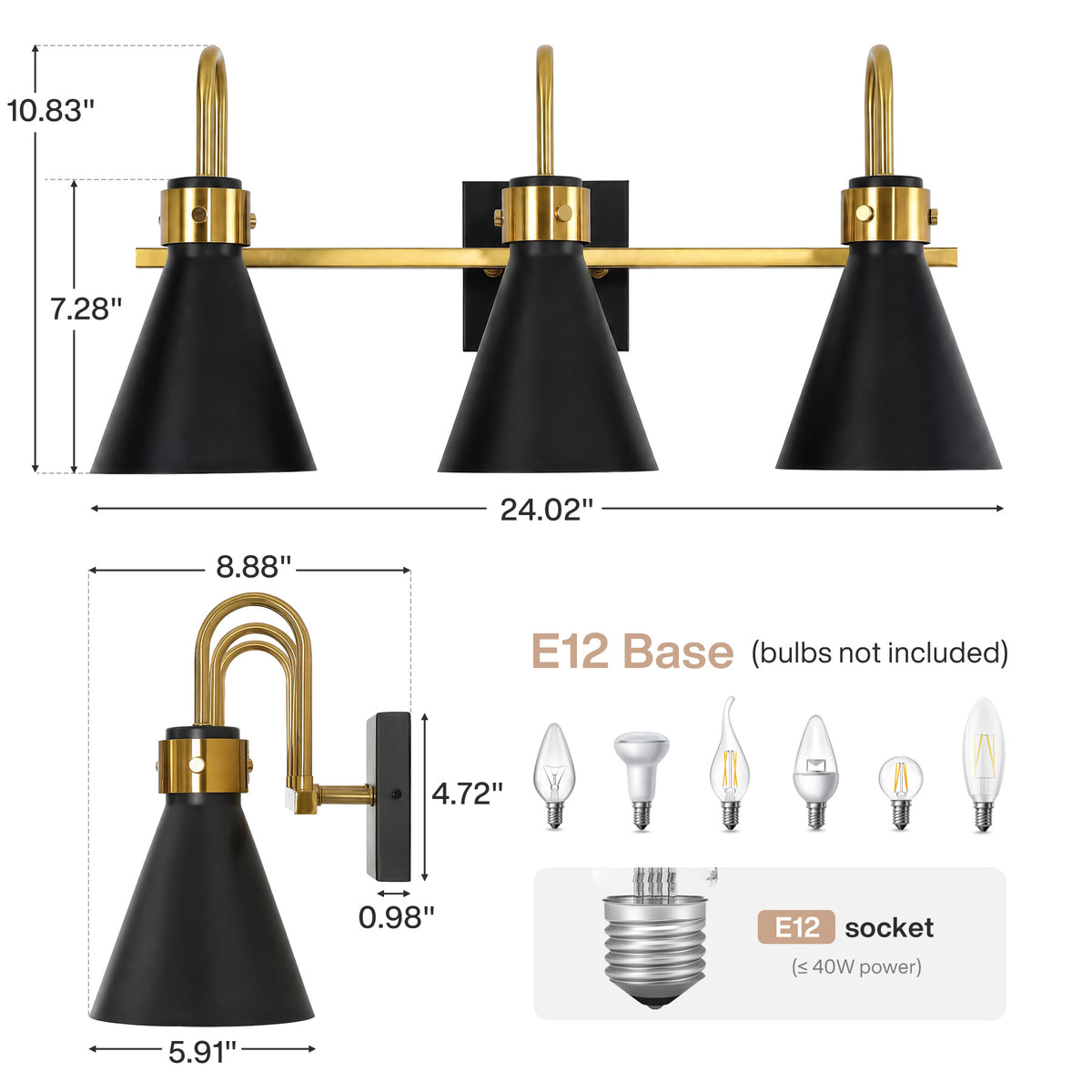 Tribesigns 3-Light Bathroom Vanity Light Black Gold Wall Sconce E12 Base