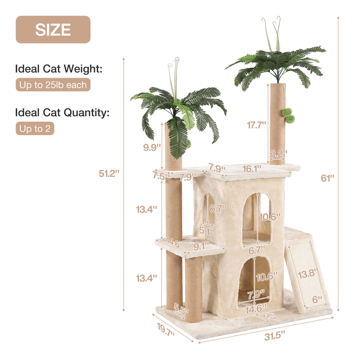 61" Tropical Palm Cat Tree Tower, Large Perch Platform for Indoor Cats