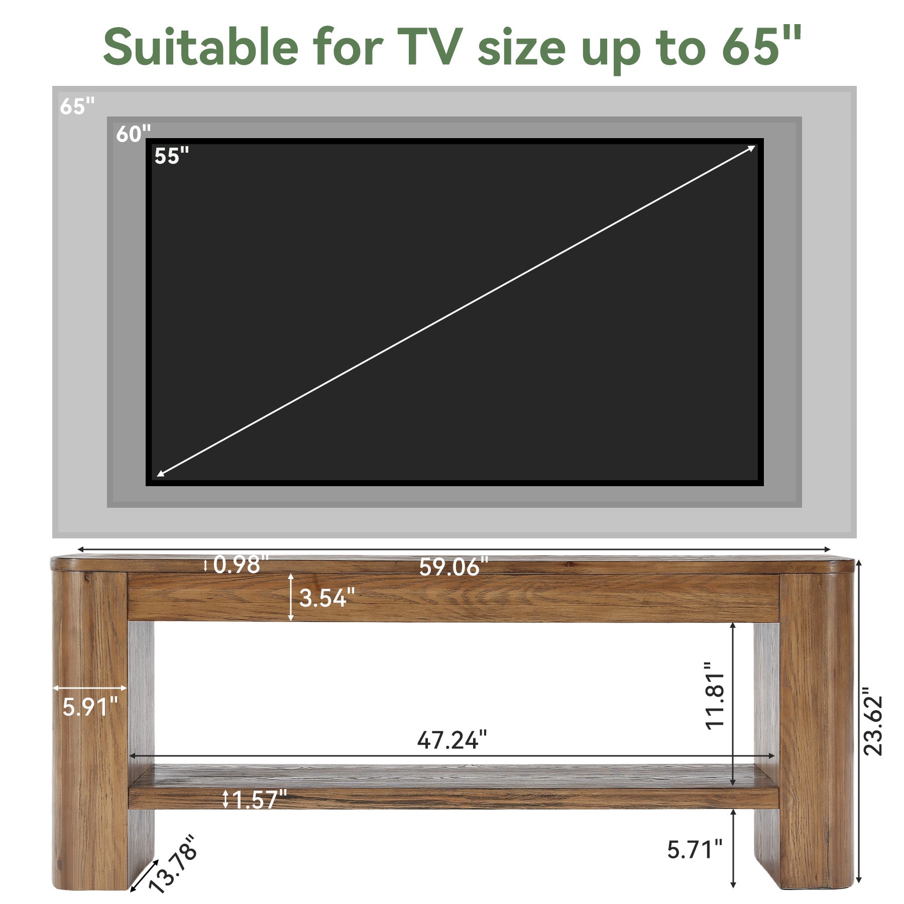 59“ Solid Wood TV Stand for 55–65 Inch TVs, Farmhouse Media Console with Open Shelves for Living Room or Bedroom