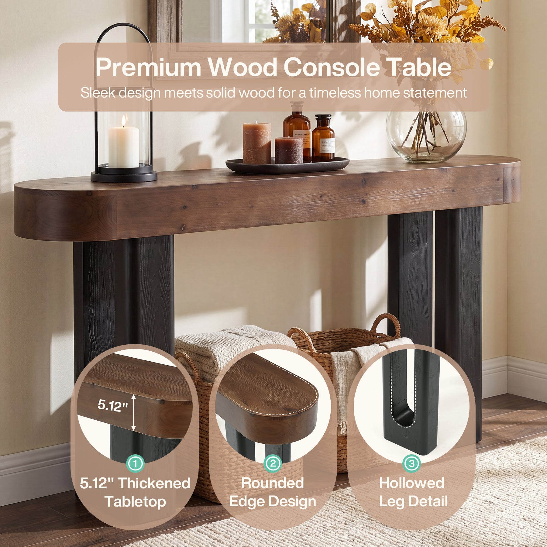 63" Solid Wood Console Table, Narrow Sofa Table with Rounded Edges for Entryway
