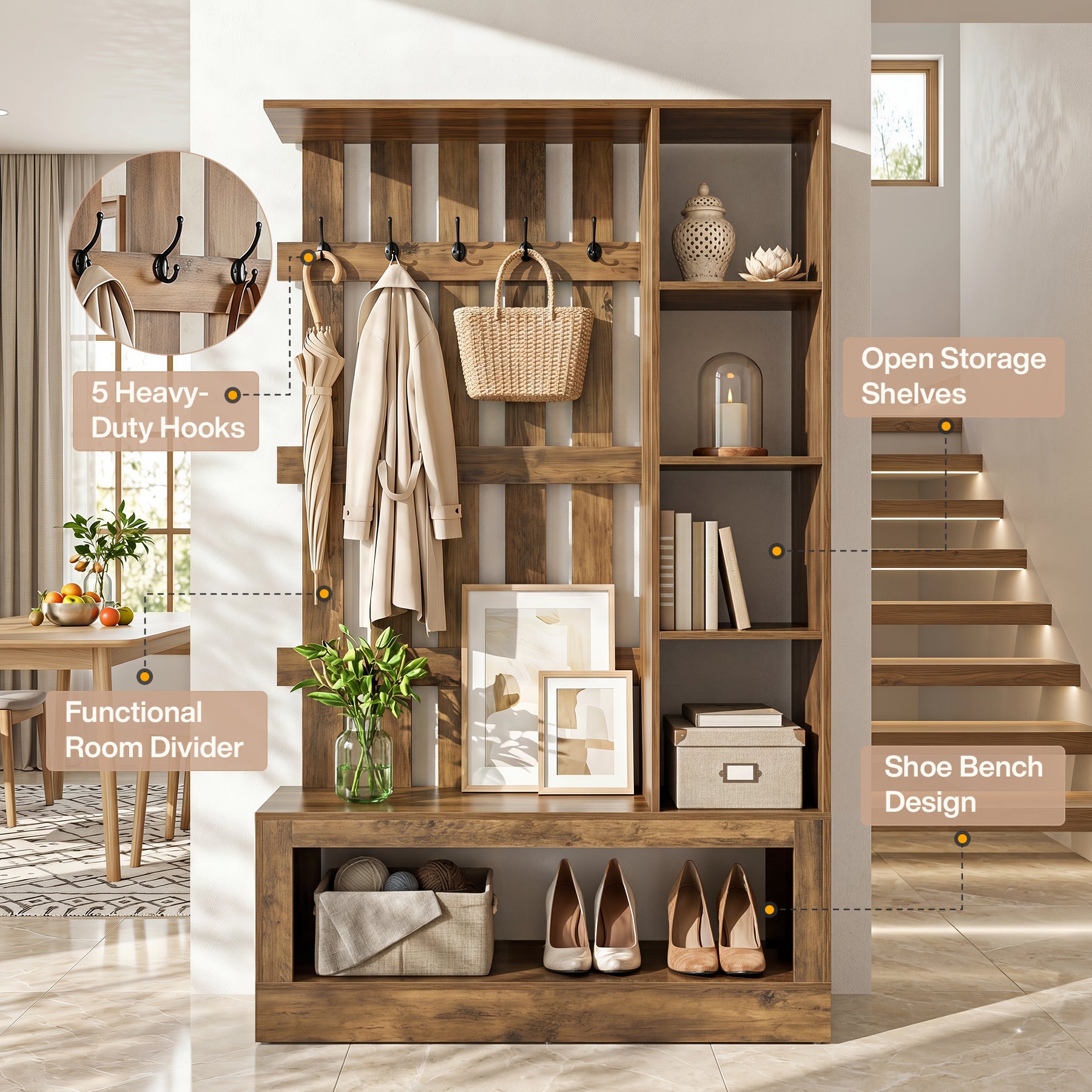 70.9'' Wall Room Divider With Shelves, Freestanding Wall Partition With Coat Rack