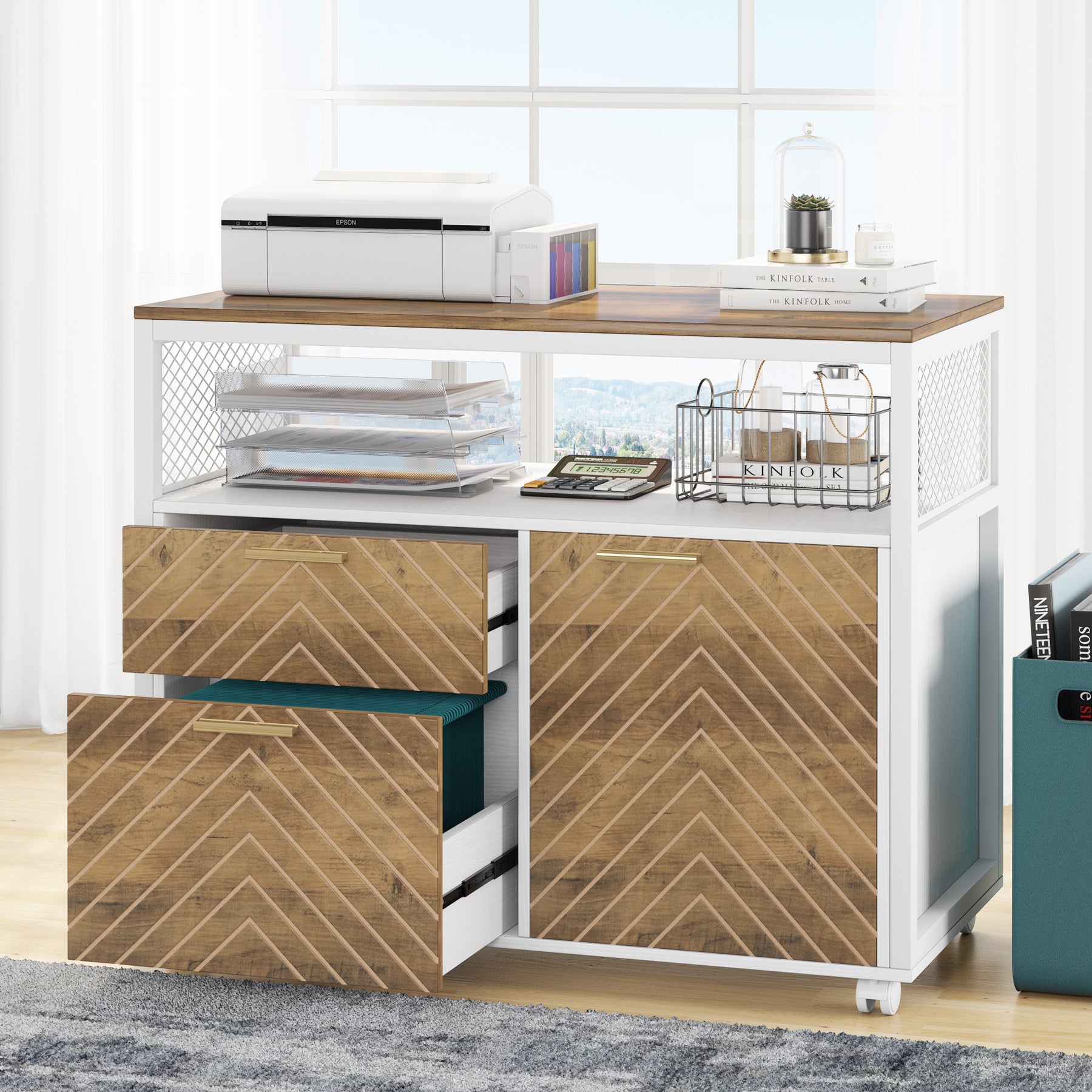 Lockable File Cabinet Printer Stand with Drawers & Caster