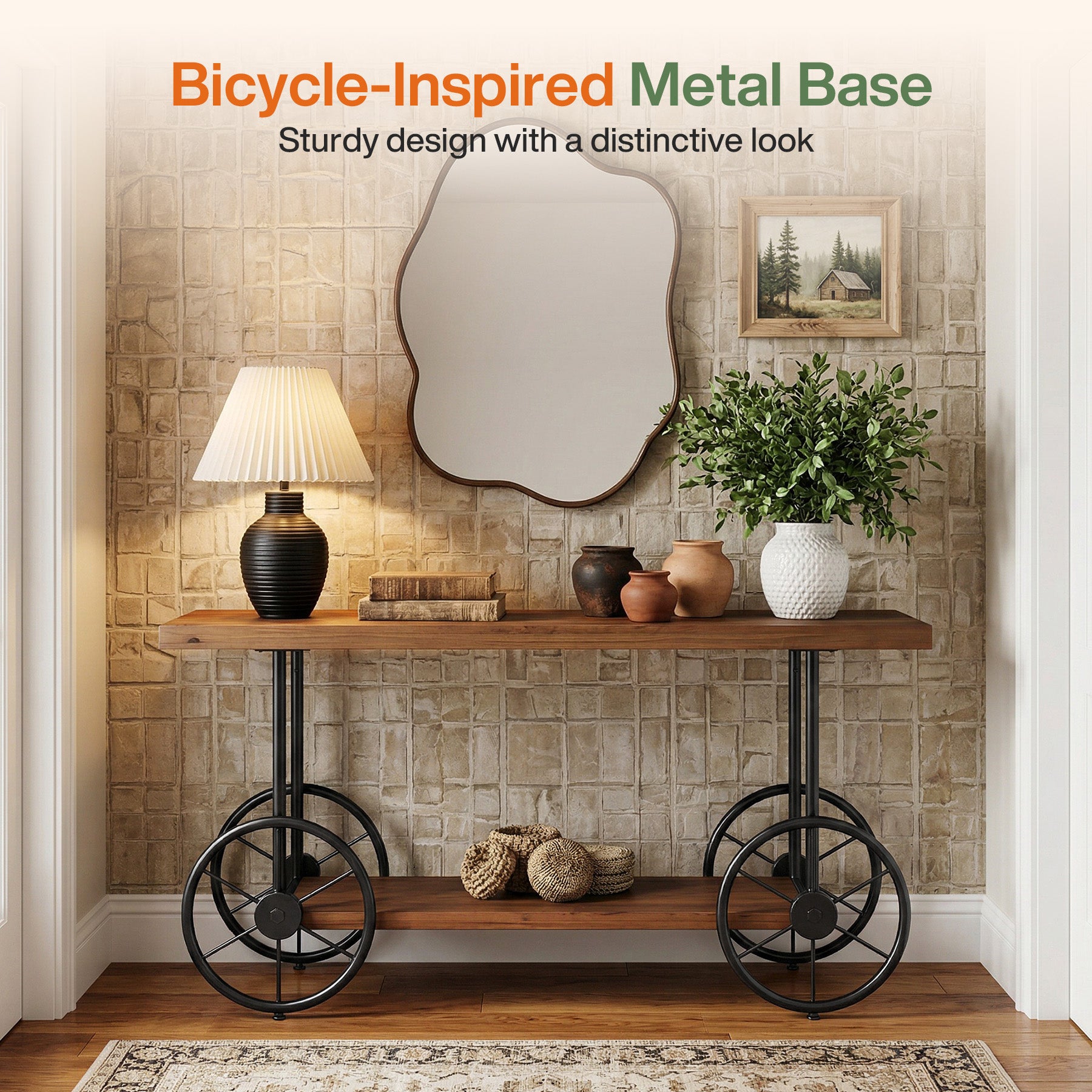 47" Solid Wood Industrial Console Table with 2-Tier Shelves – Narrow Entryway Sofa Table with Metal Base for Hallway or Living Room