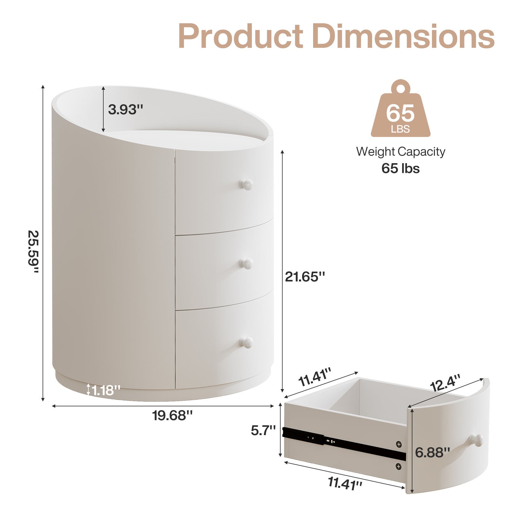 19.6" End Table, Modern Sofa Side Table Nightstand with 3 Drawers