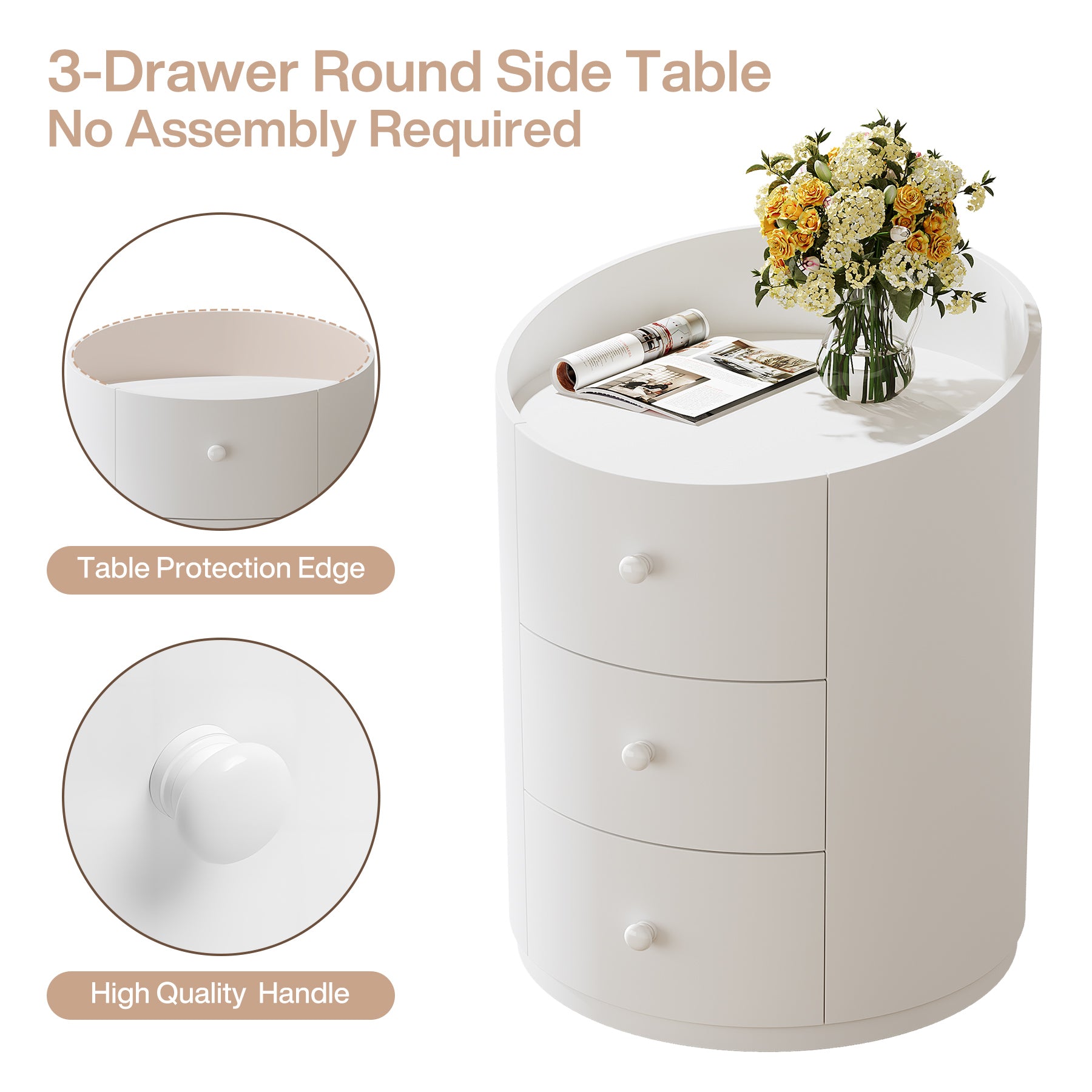 19.6" End Table, Modern Sofa Side Table Nightstand with 3 Drawers