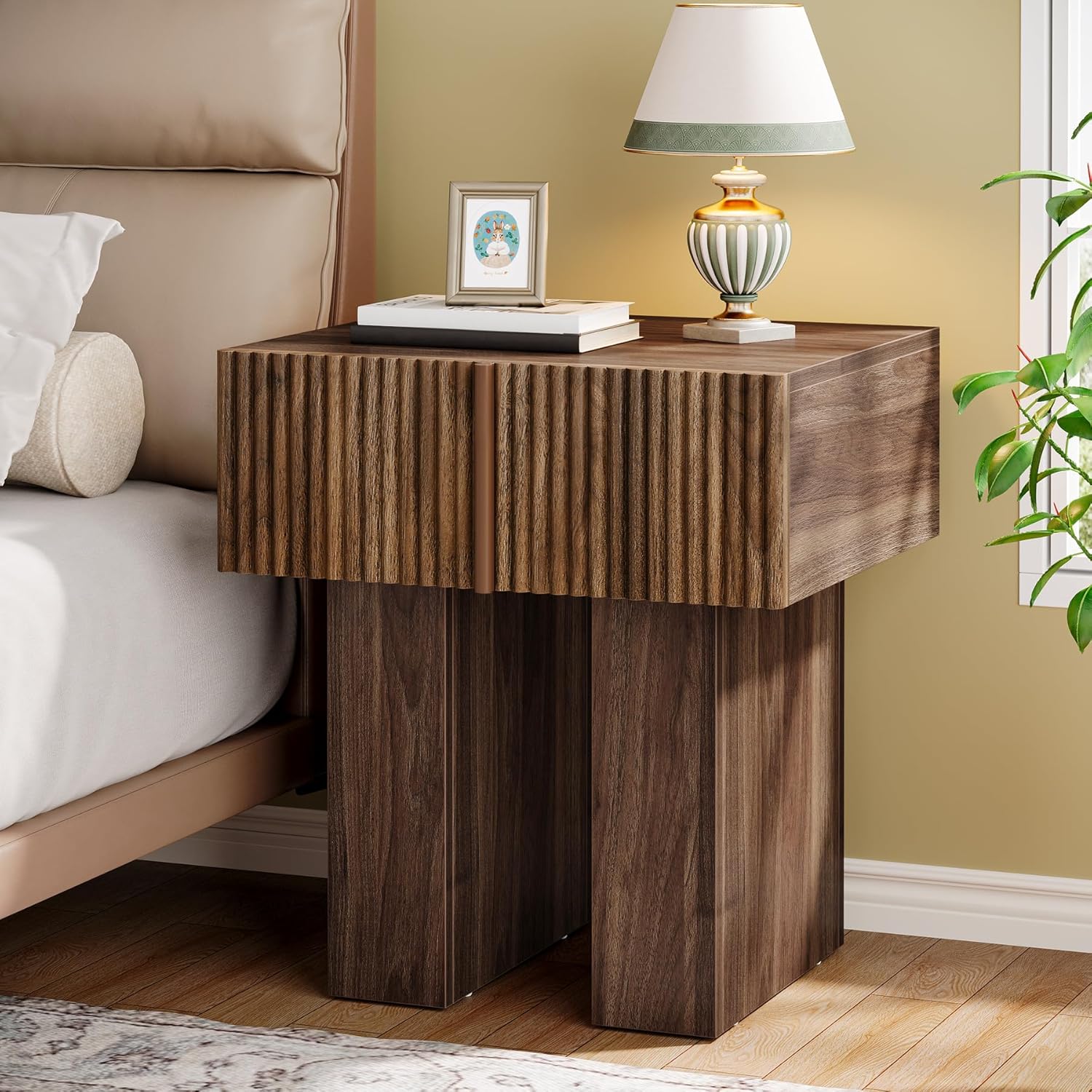 19.6" Fluted Nightstand, Wooden Bedside Table with Storage Drawer Tribesigns