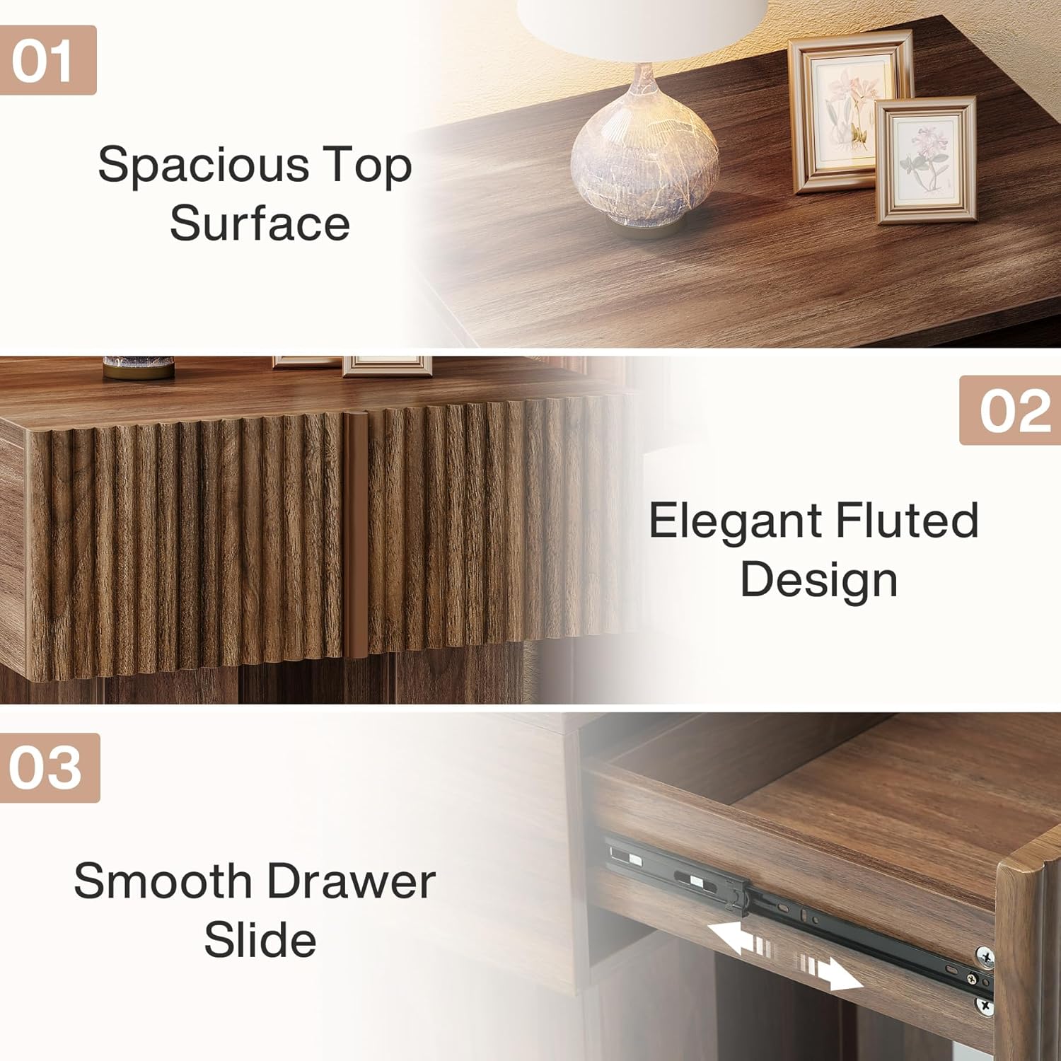 19.6" Fluted Nightstand, Wooden Bedside Table with Storage Drawer Tribesigns