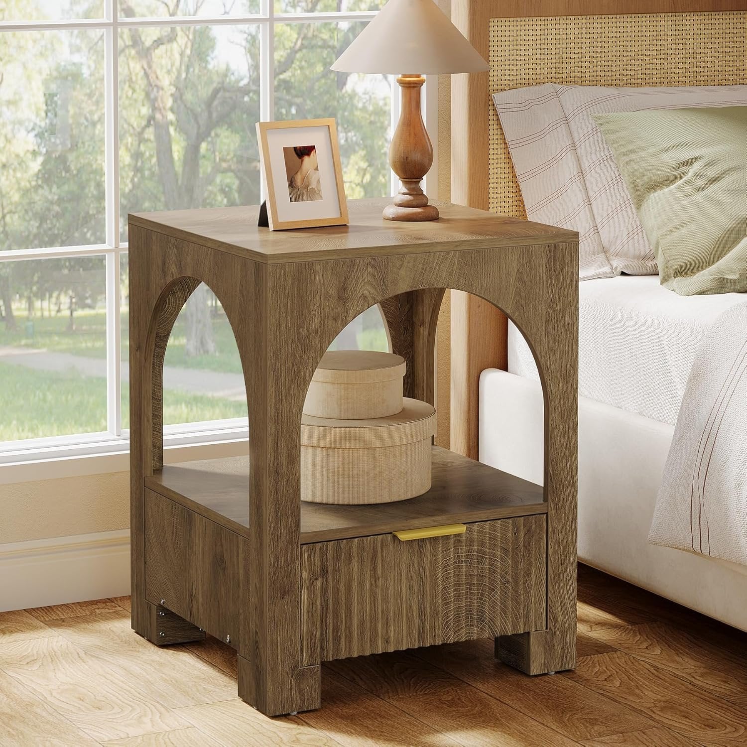 19.6" Nightstand with Drawer, 2-Tier Wood Farmhouse Bedside Table with Open Shelf