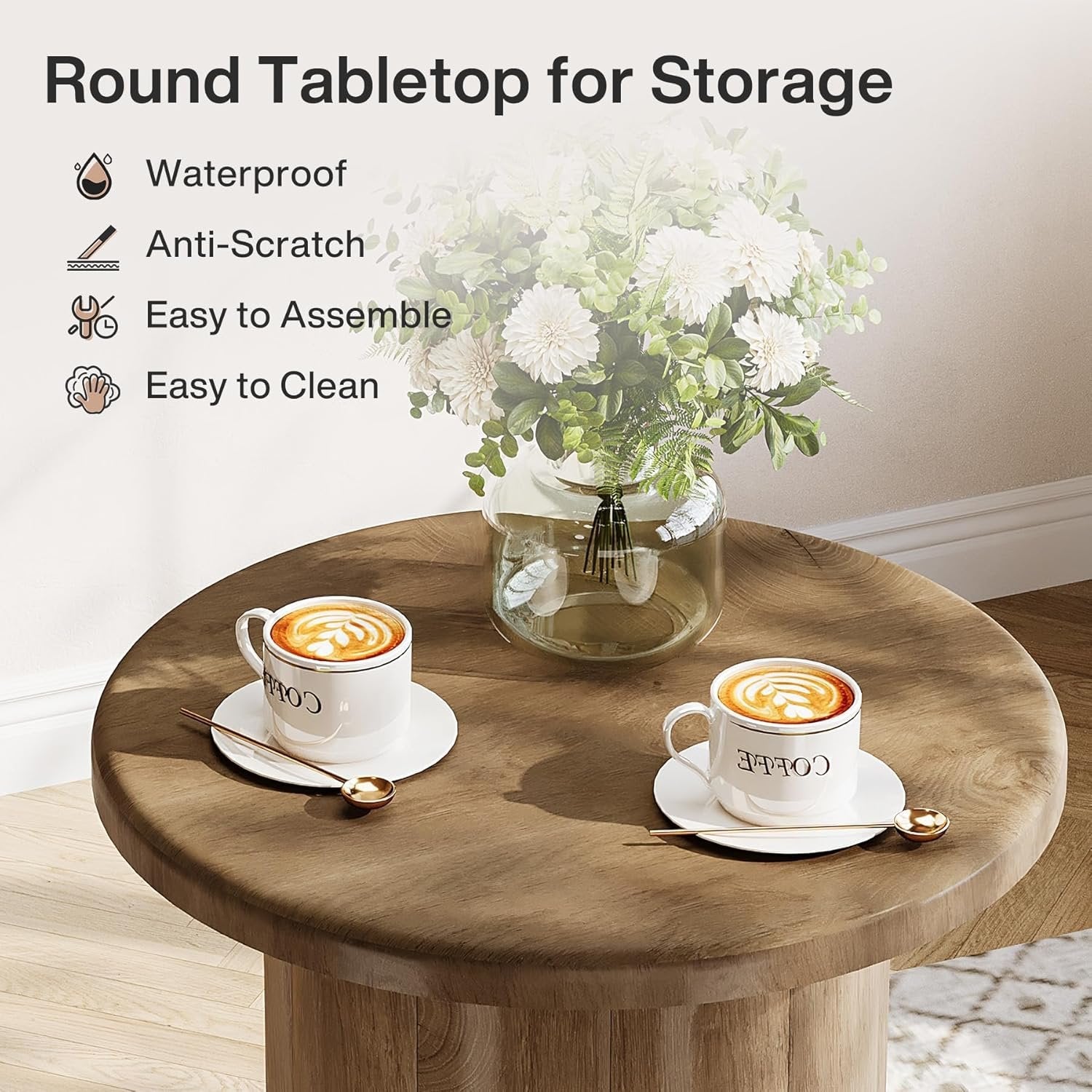 19.6" Side Table, Farmhouse Round End Table Nightstand with Fluted Base