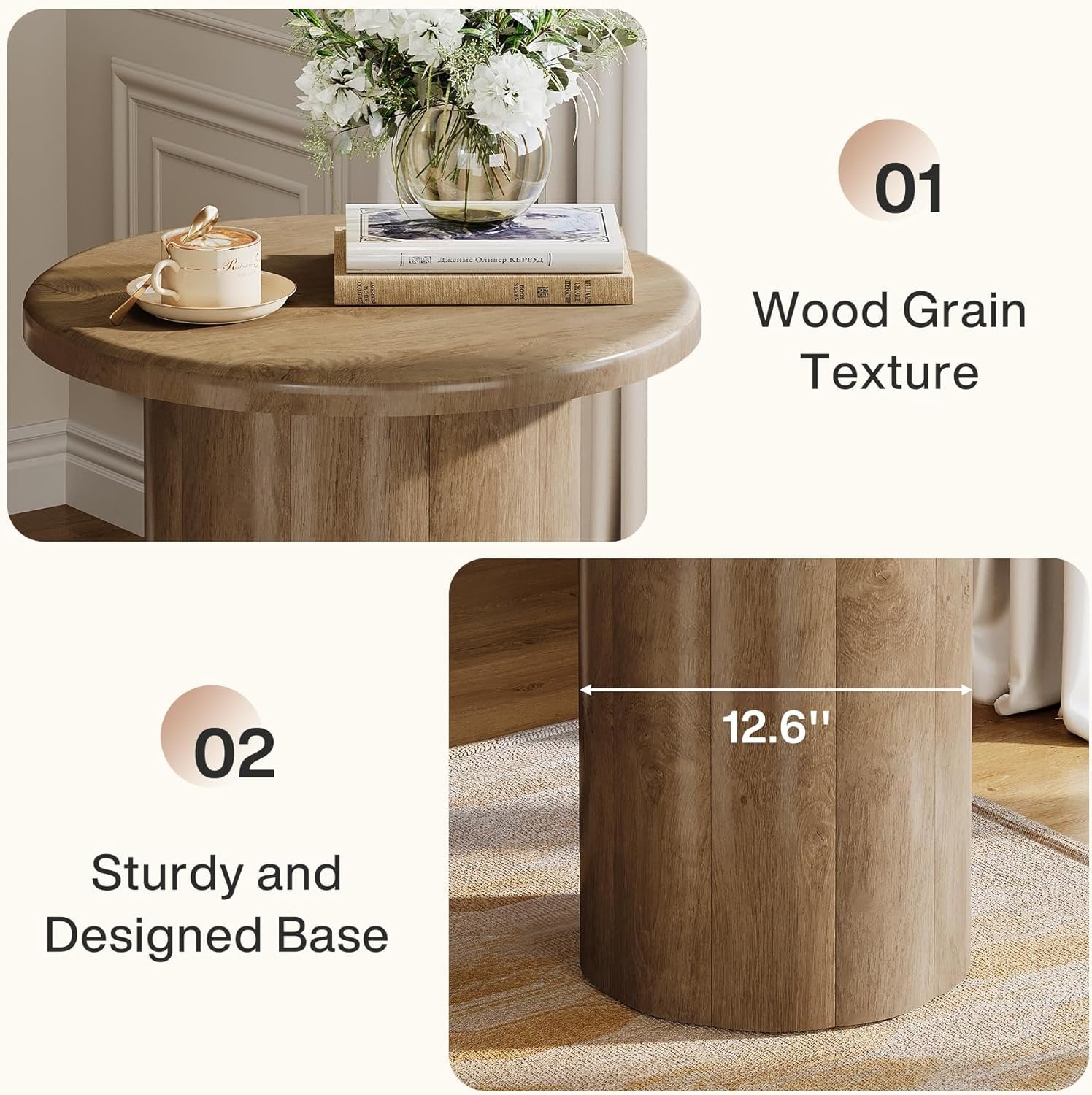 19.6" Side Table, Farmhouse Round End Table Nightstand with Fluted Base