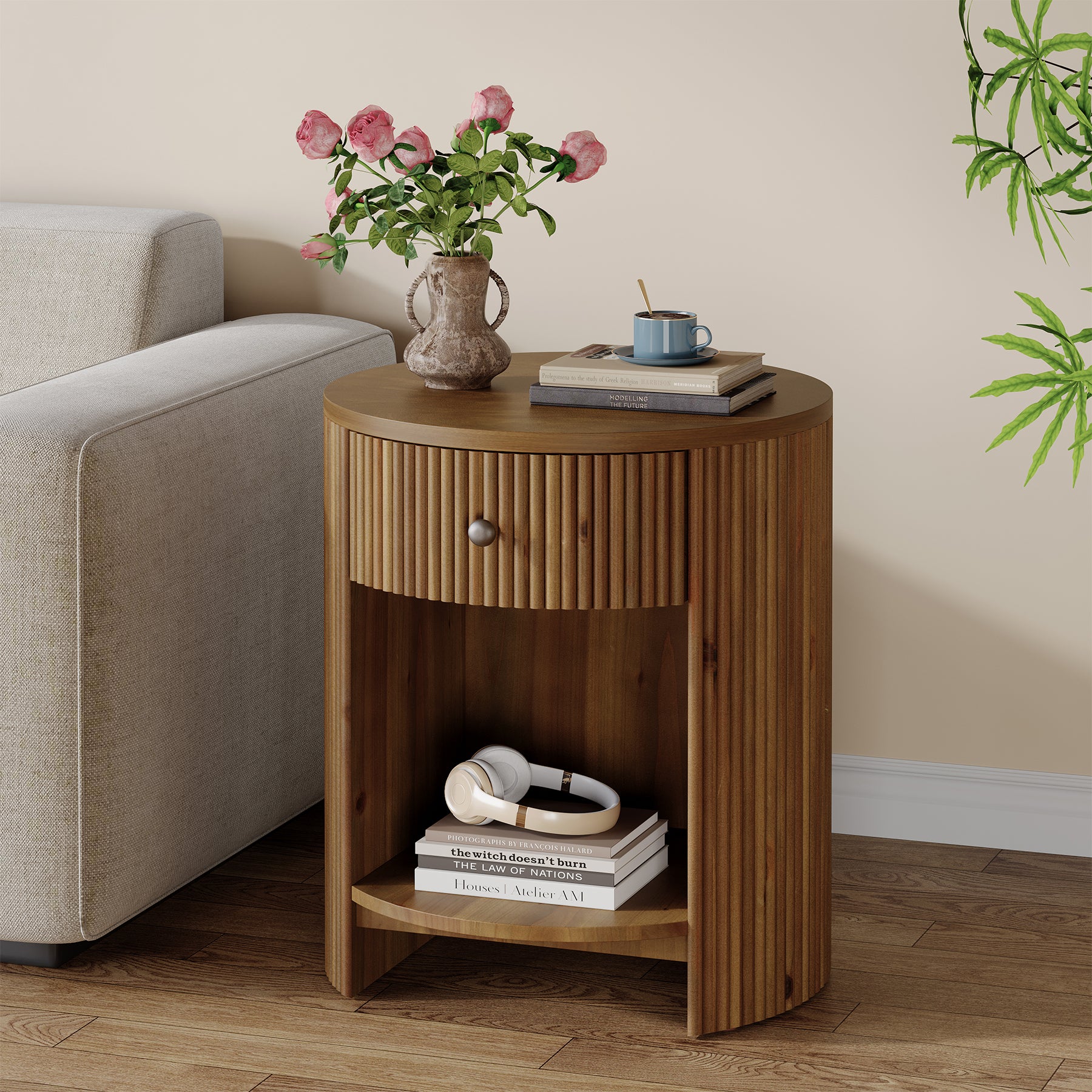 19.6" Side Table, Modern Fluted End Table Nightstand with Drawer