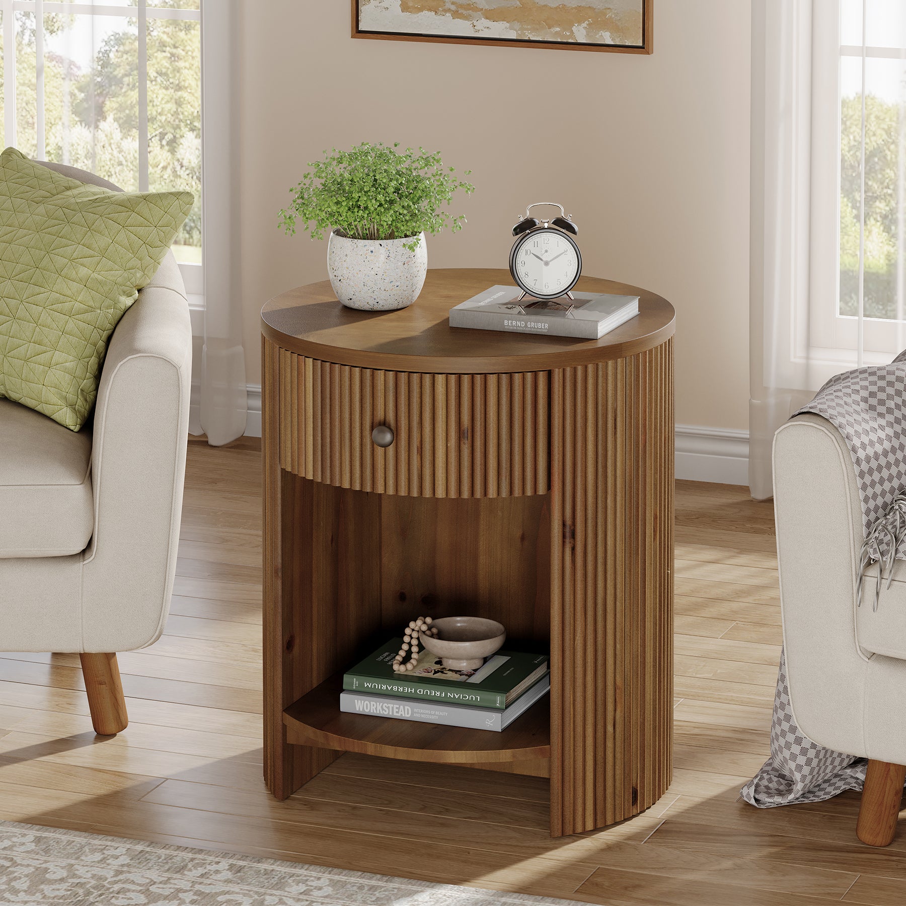 19.6" Side Table, Modern Fluted End Table Nightstand with Drawer