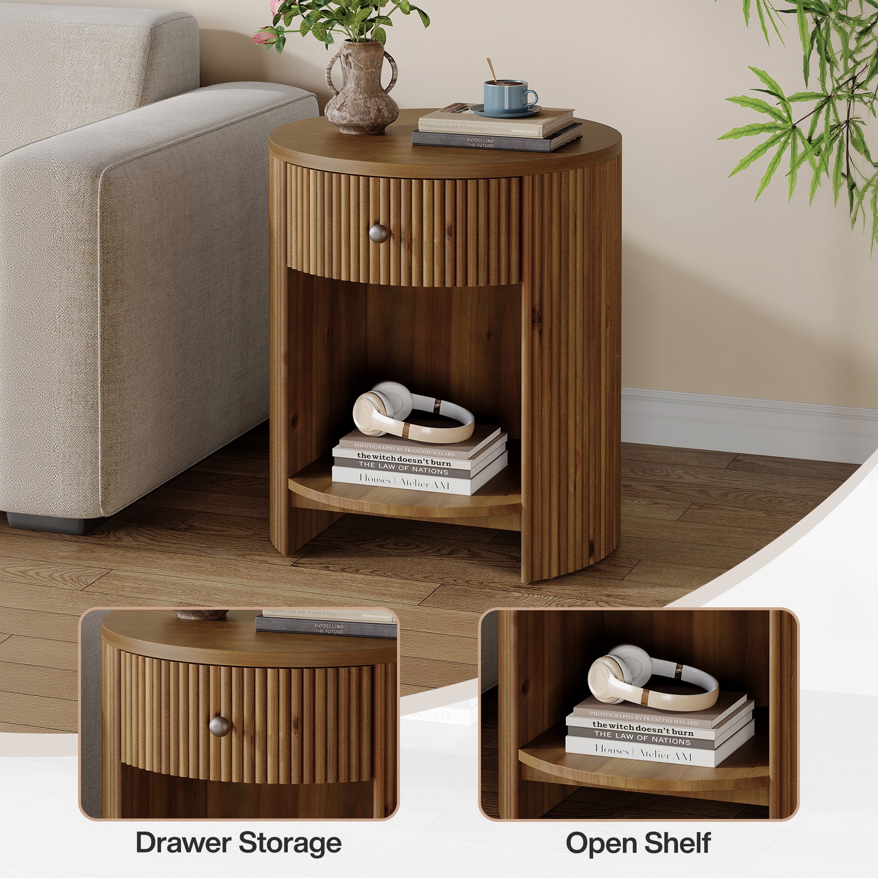 19.6" Side Table, Modern Fluted End Table Nightstand with Drawer