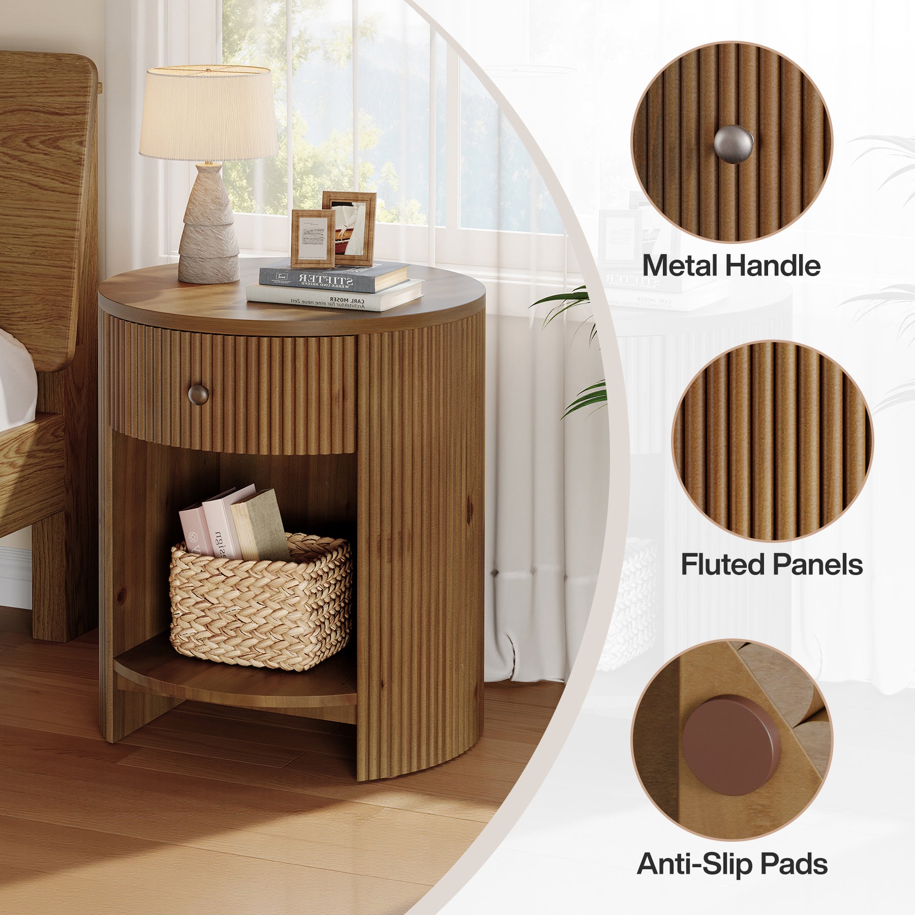 19.6" Side Table, Modern Fluted End Table Nightstand with Drawer