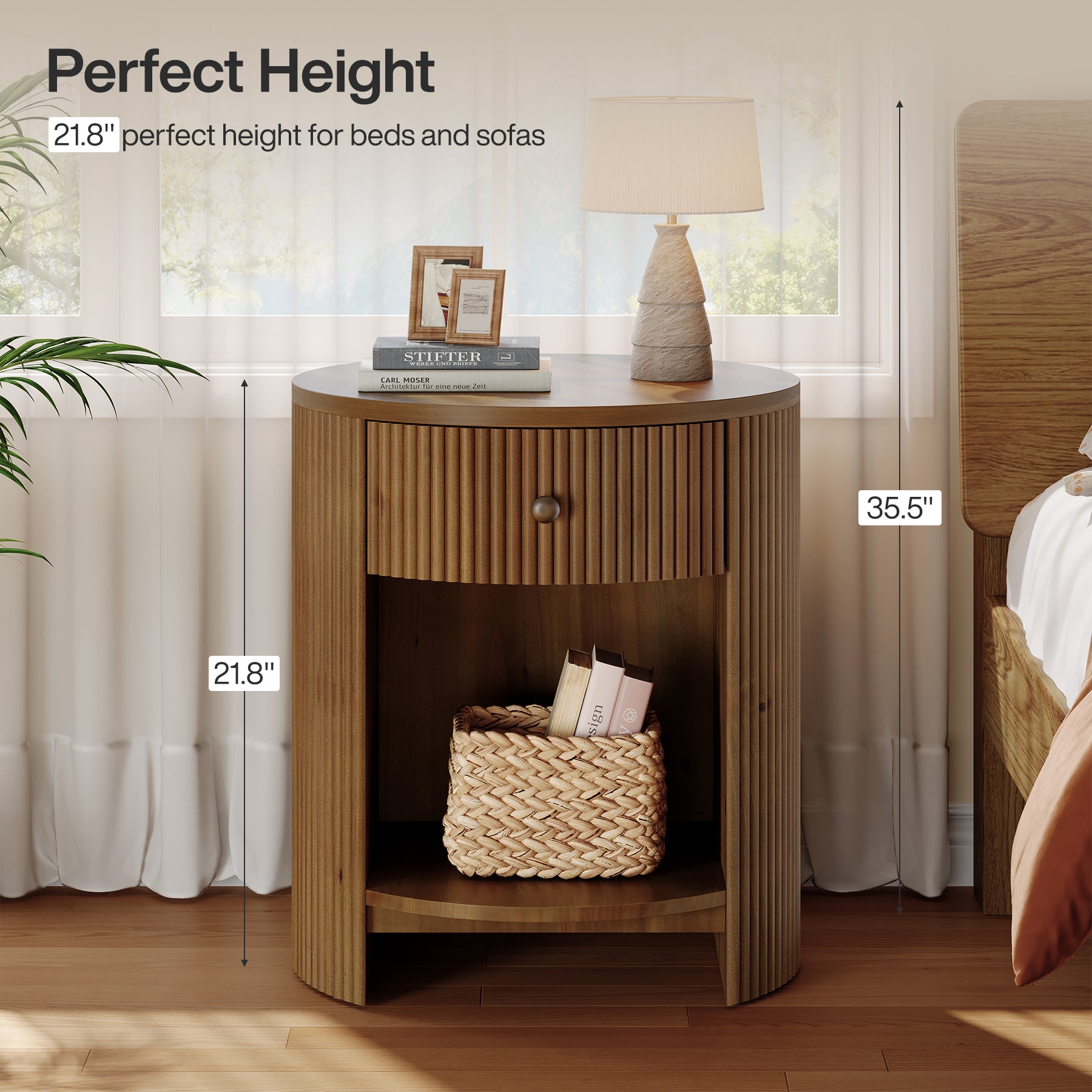 19.6" Side Table, Modern Fluted End Table Nightstand with Drawer