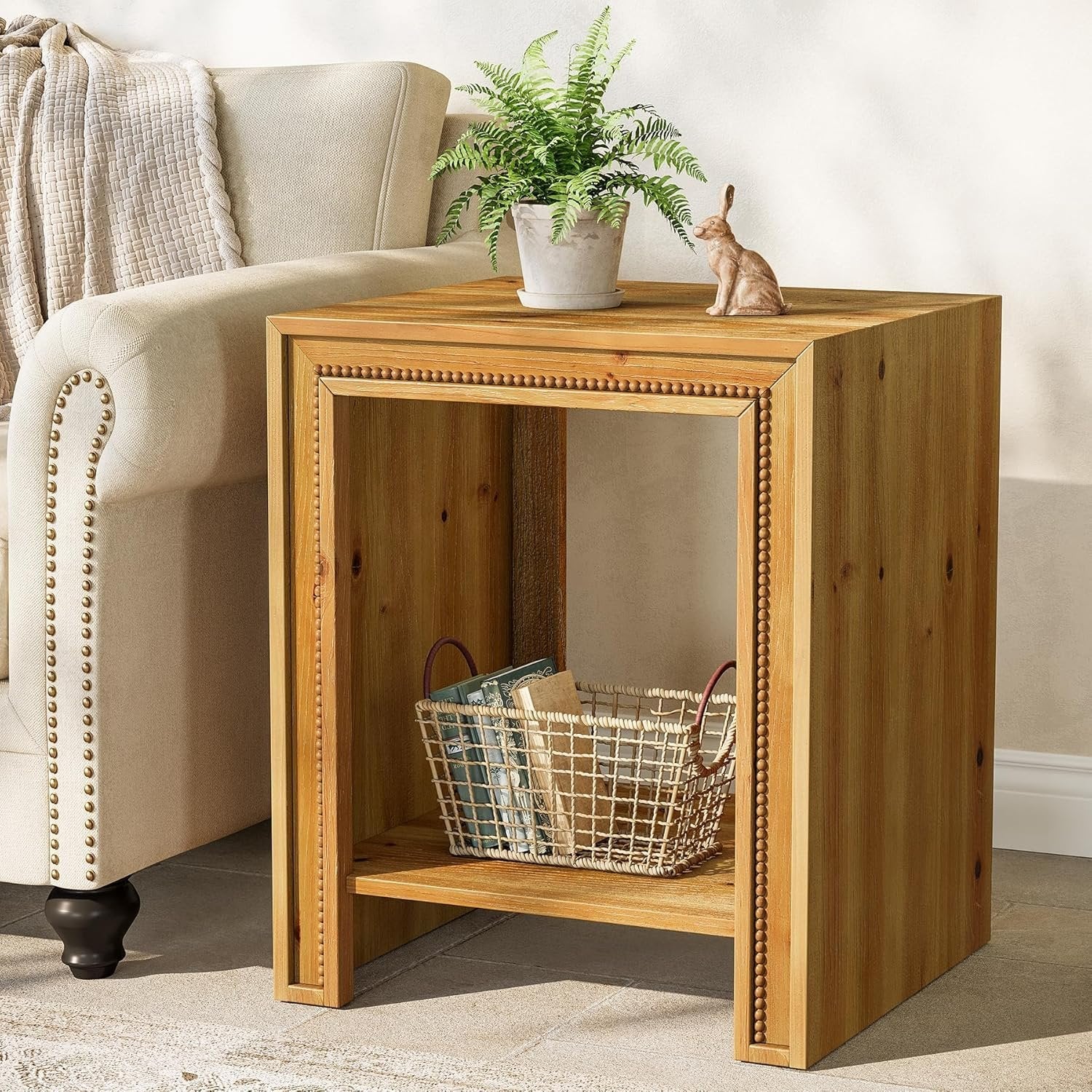 19.6" Solid Wood End Table, 2-Tier Farmhouse Side Table Nightstand with Storage Shelves