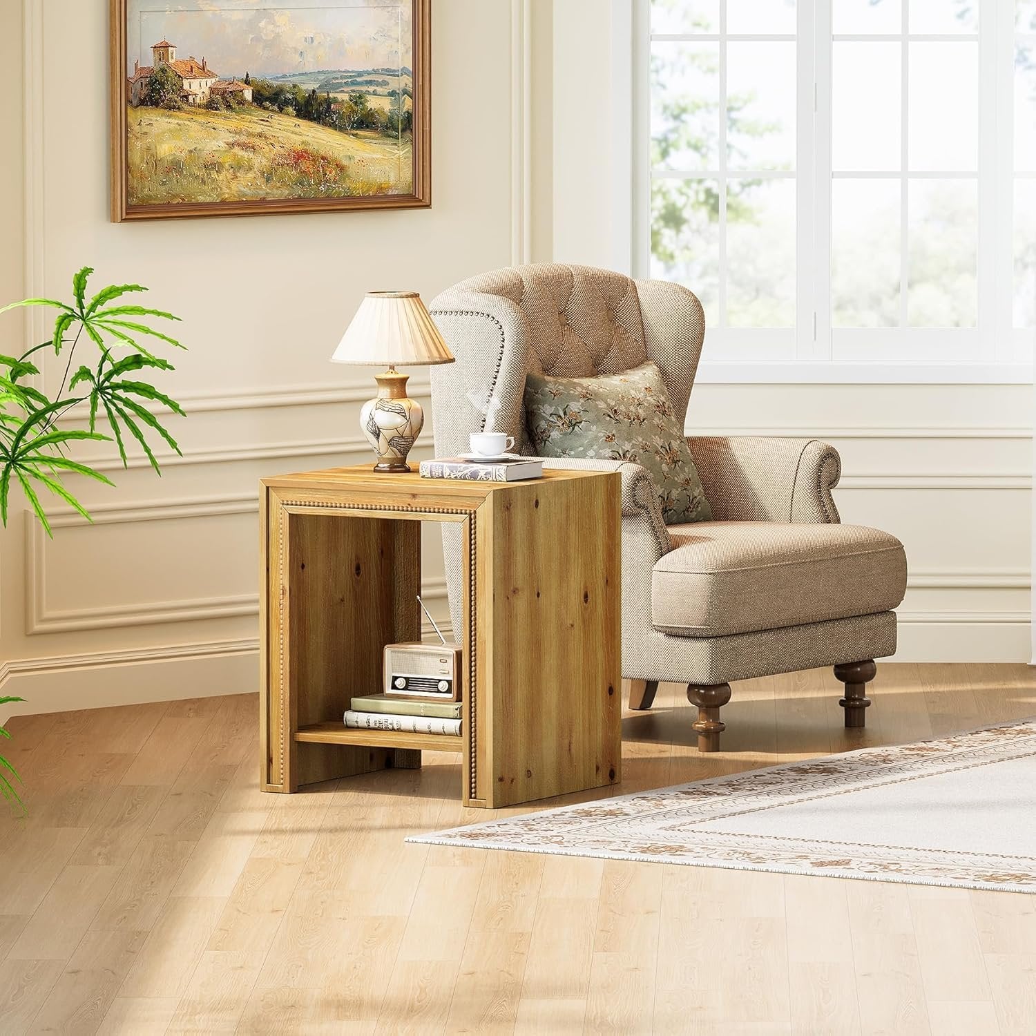 19.6" Solid Wood End Table, 2-Tier Farmhouse Side Table Nightstand with Storage Shelves