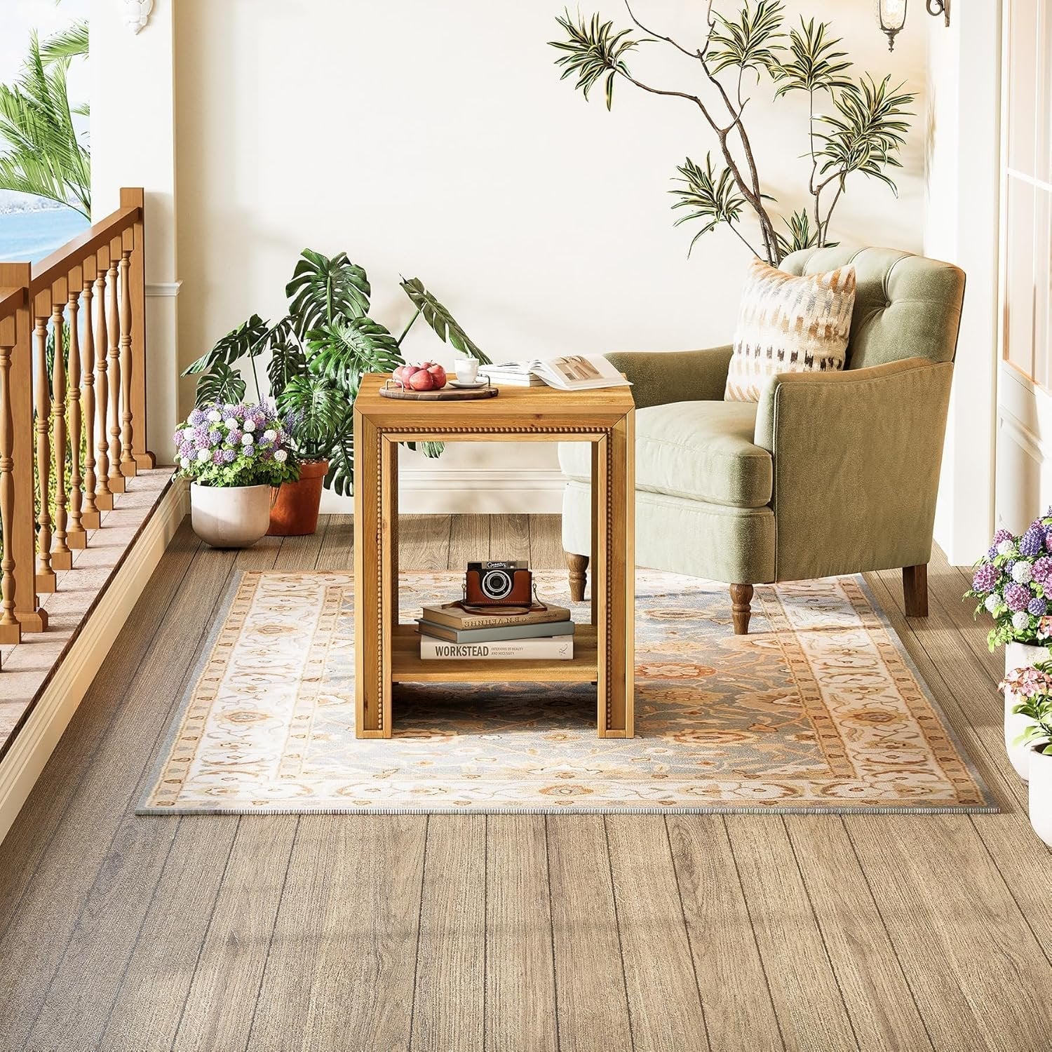 19.6" Solid Wood End Table, 2-Tier Farmhouse Side Table Nightstand with Storage Shelves