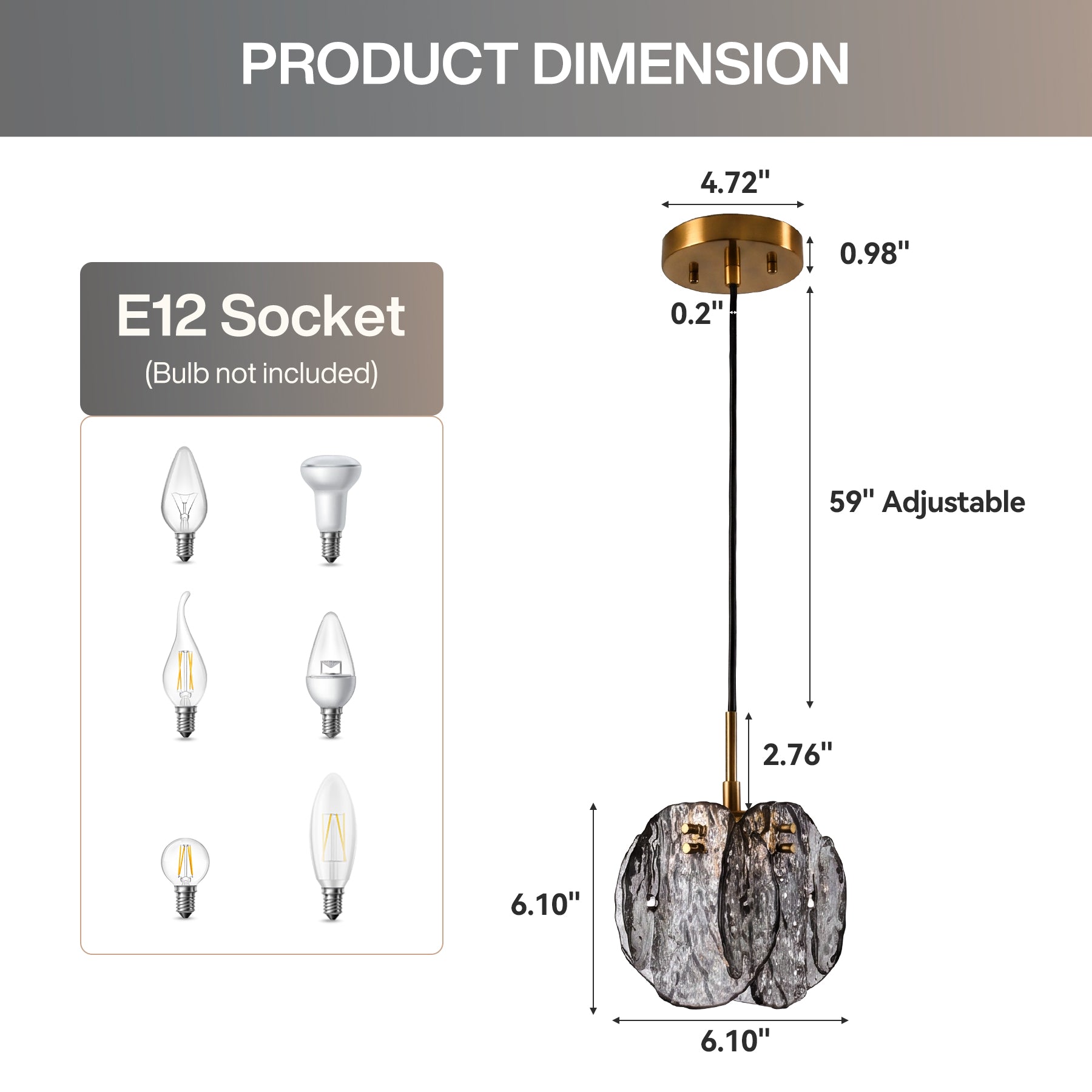 1-Light Pendant Light with Smoky Glass Shade & Adjustable Height