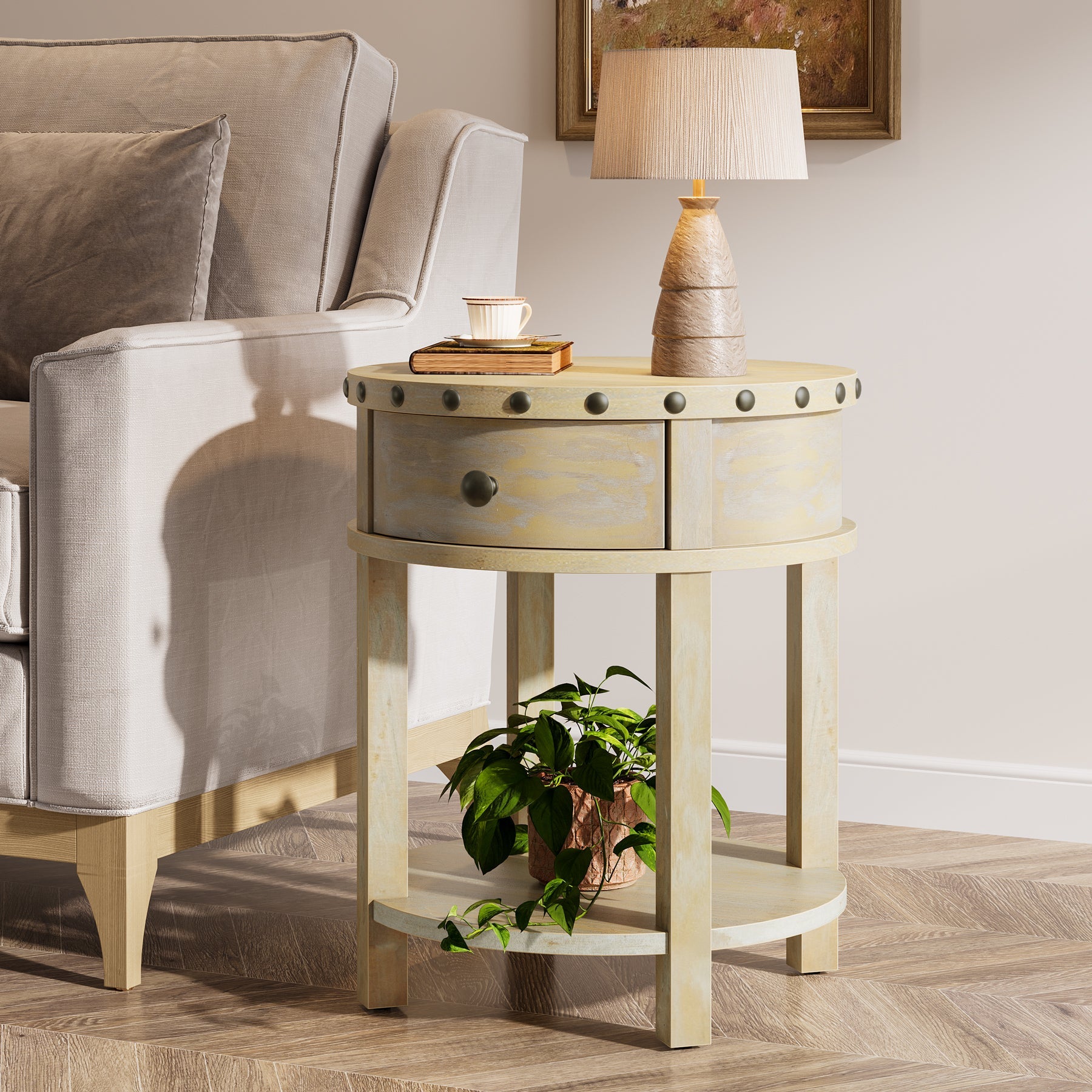 19.6" End Table, Small Side Table with Drawer and Bottom Shelf Tribesigns