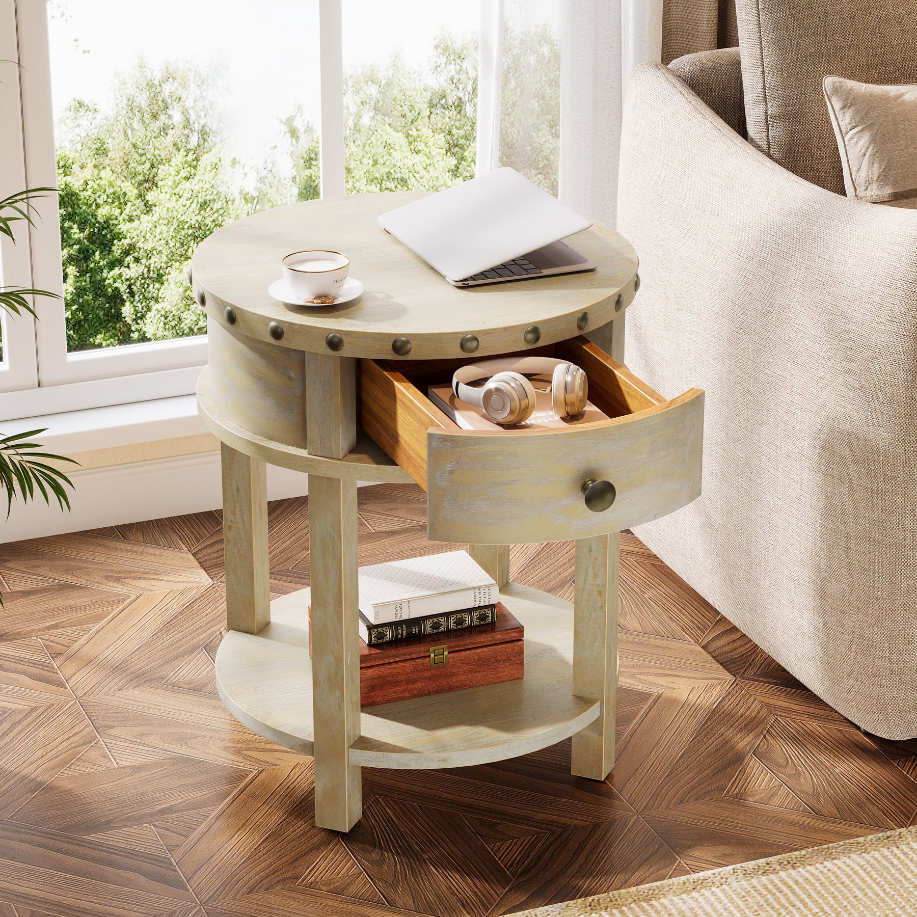 19.6" End Table, Small Side Table with Drawer and Bottom Shelf Tribesigns