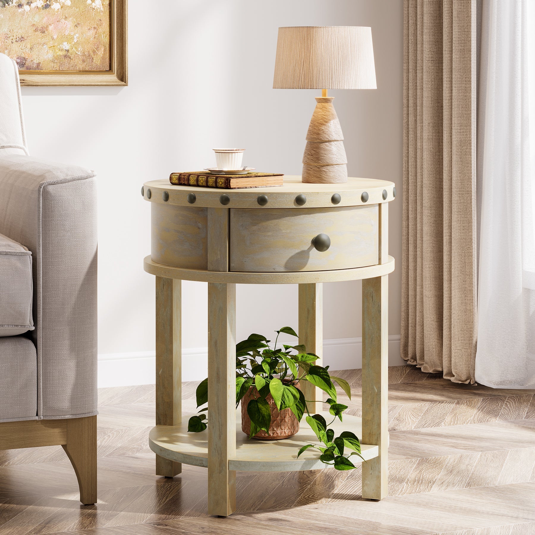 19.6" End Table, Small Side Table with Drawer and Bottom Shelf Tribesigns