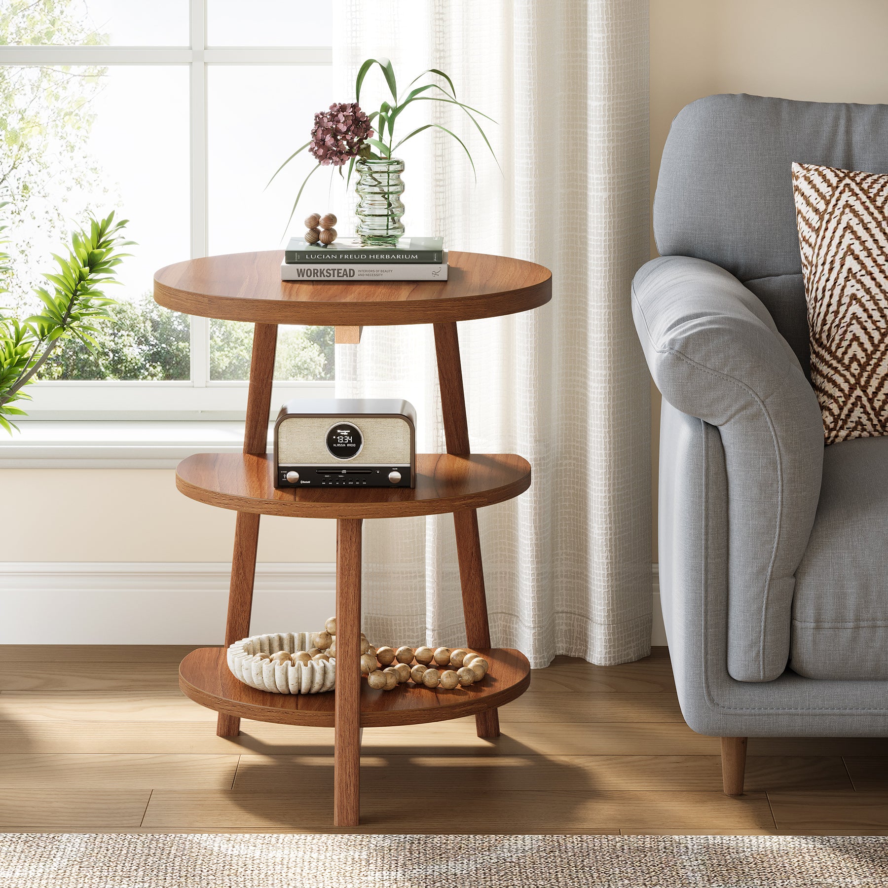 19" End Table, Round Side Accent Table with 3-Tier Shelves