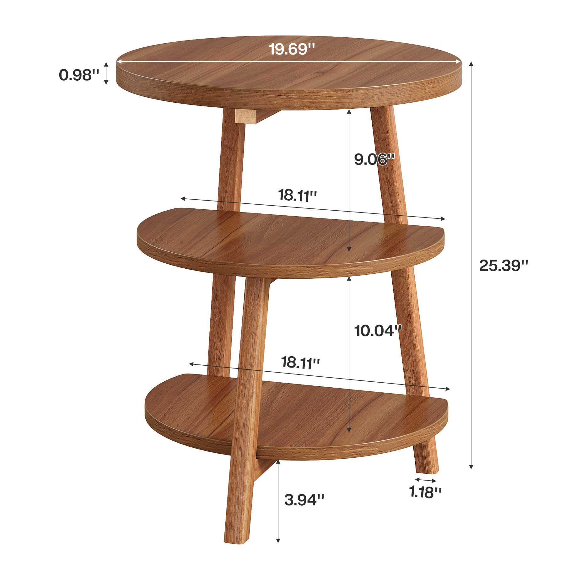 19" End Table, Round Side Accent Table with 3-Tier Shelves