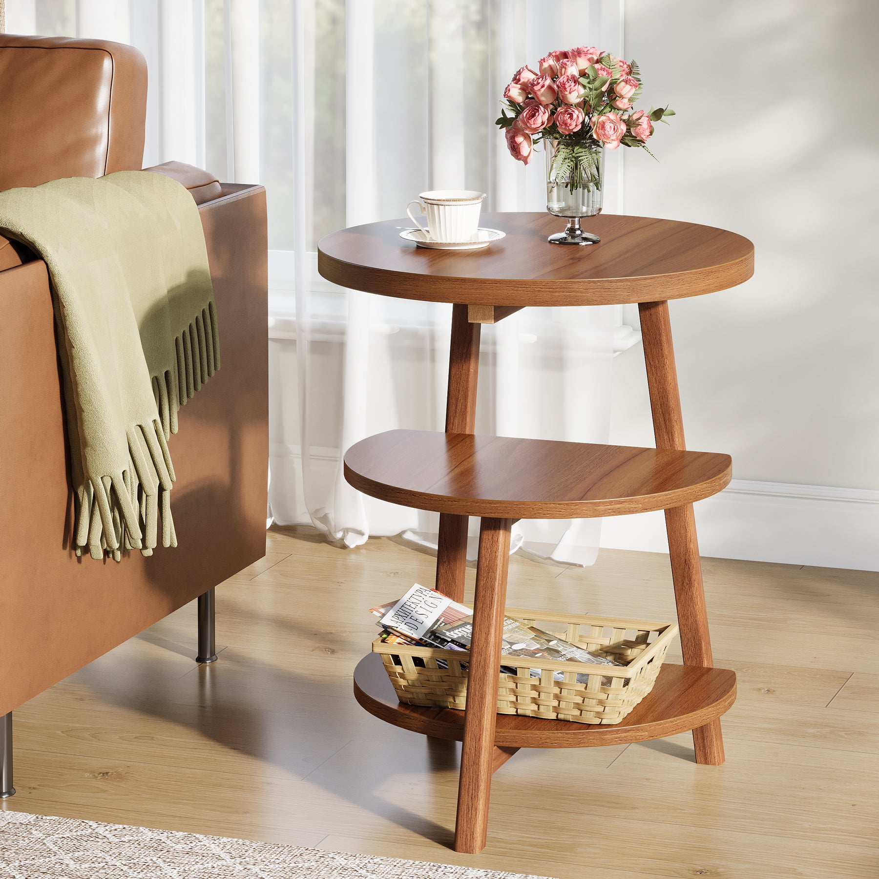 19" End Table, Round Side Accent Table with 3-Tier Shelves