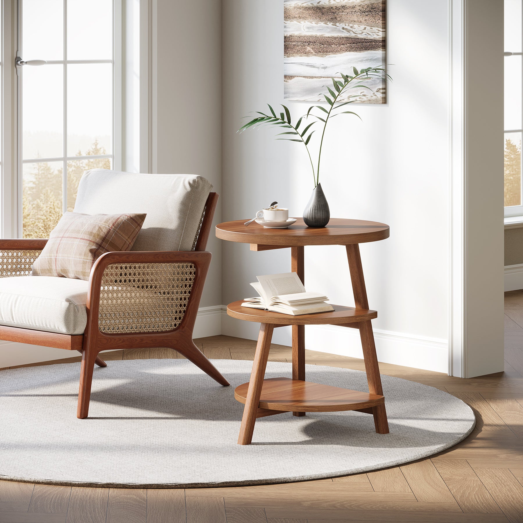 19" End Table, Round Side Accent Table with 3-Tier Shelves