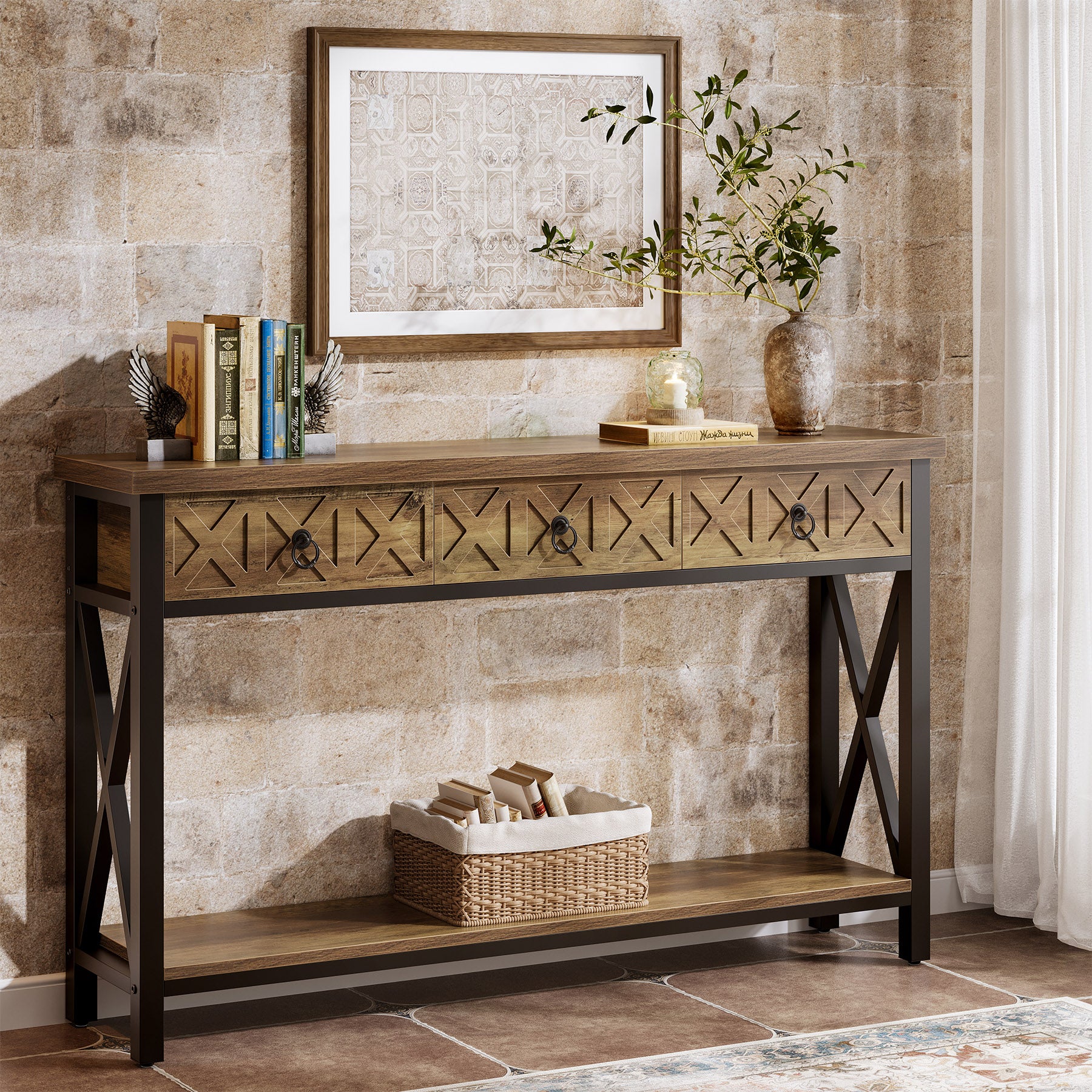 Console Table with 3 Drawers, 55" Entryway Table with 2-Tier Shelf