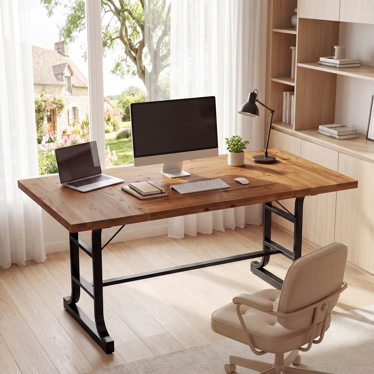 63" Solid Wood Executive Desk with Metal Legs, Farmhouse Home Office Computer Desk