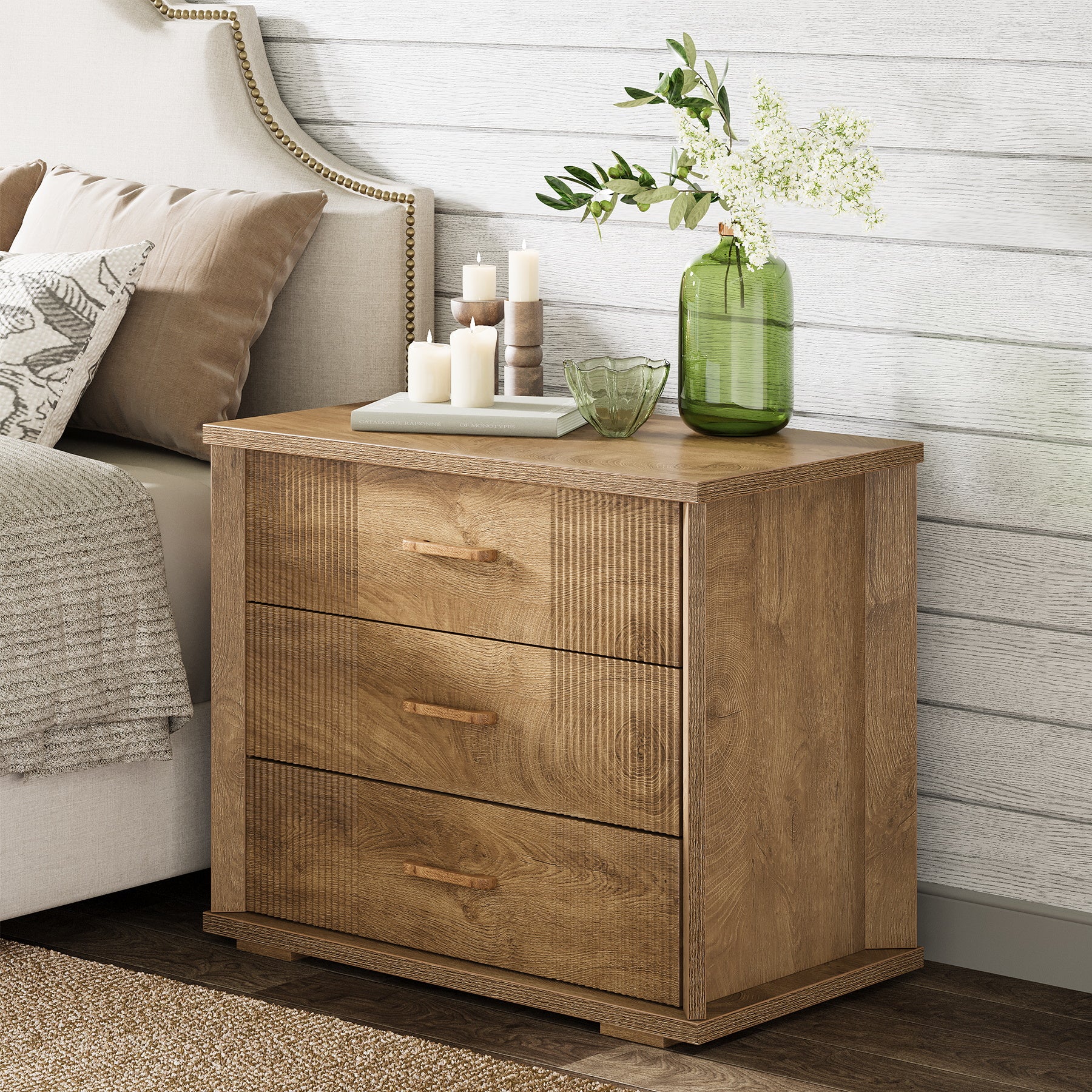 3-Drawer Nightstand, 31.5" Wide Bedside Table with Storage