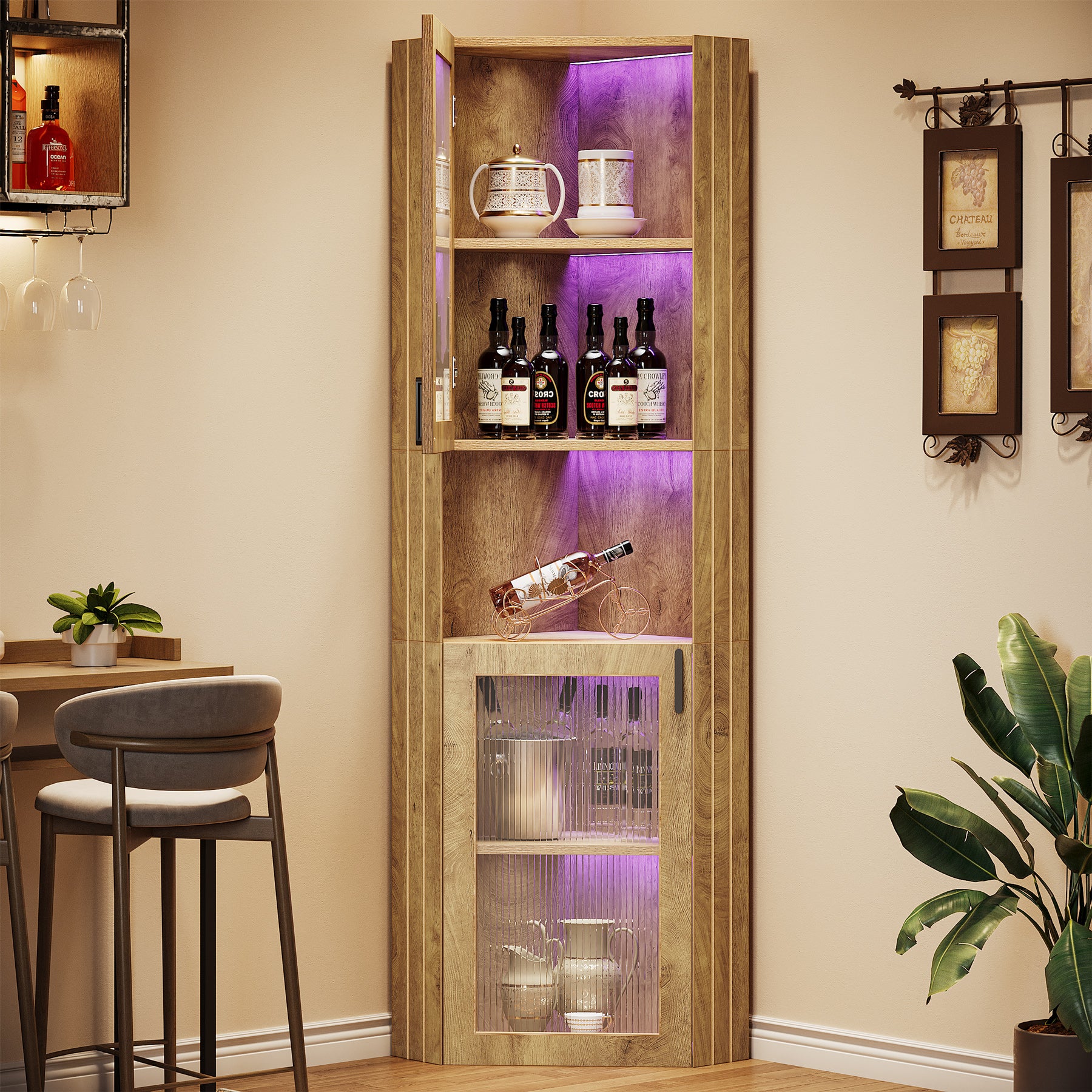 Corner Wine Cabinet, 5-Tier Storage Bar Cabinet with LED Lights