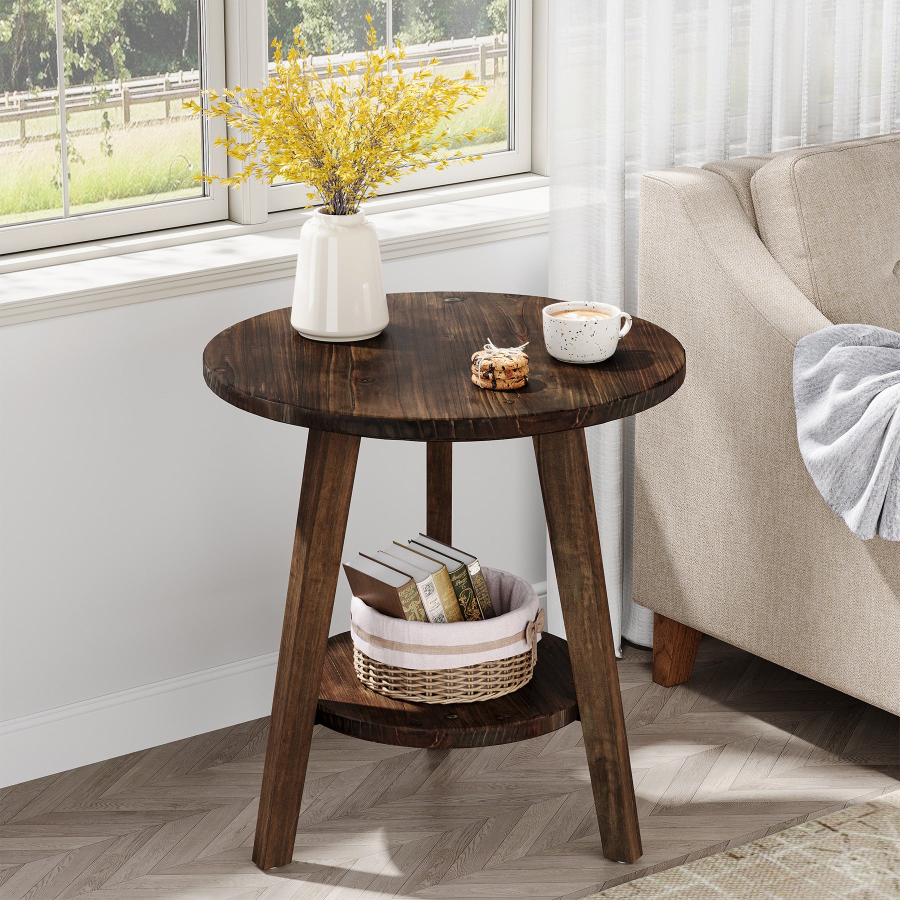 Solid Wood Round End Table, Farmhouse Sofa Side Table with Storage Shelf